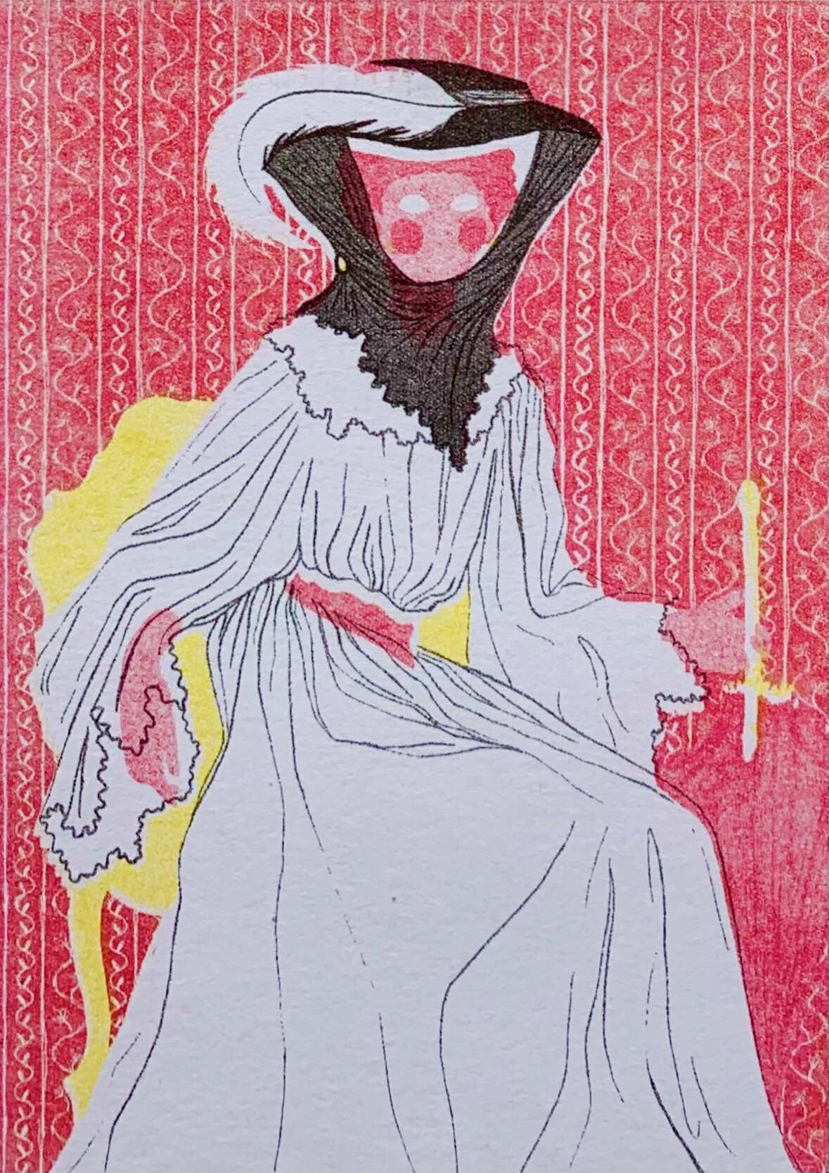 pink, black and yellow risograph print of an edwarian lady in a black hat, sitting in a chair