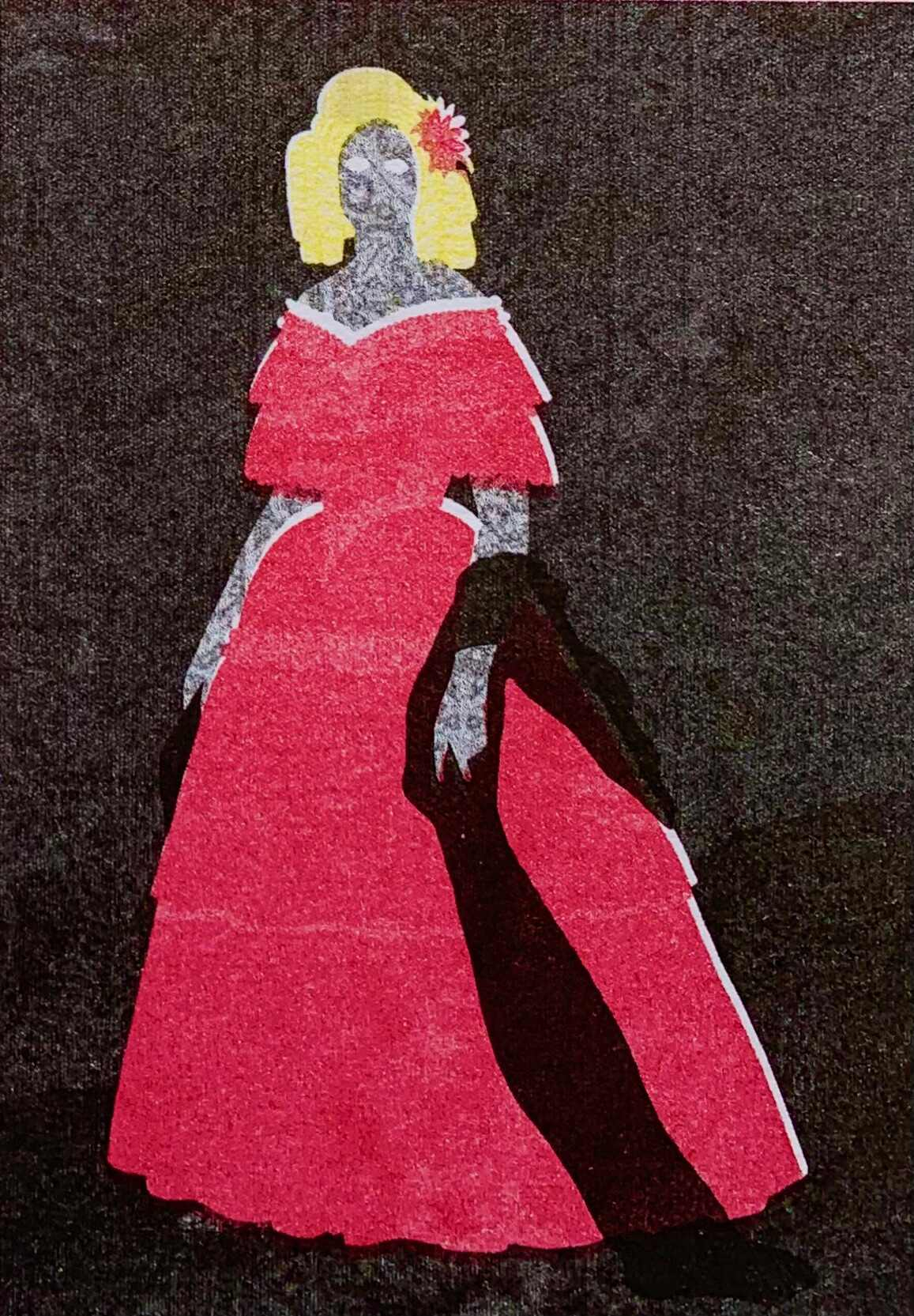 pink and yellow risograph print of a victorian lady in a large pink dress