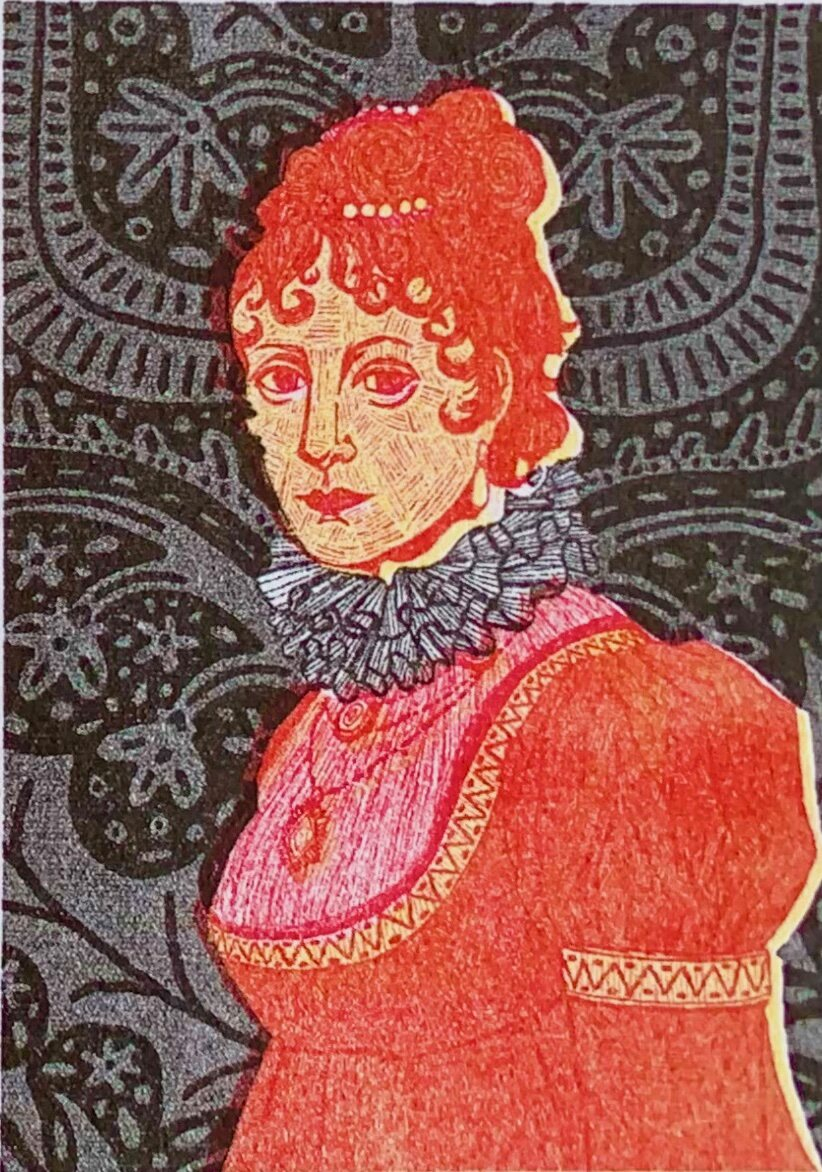 pink yellow and black risograph print of a regency lady wearing a ruff collar