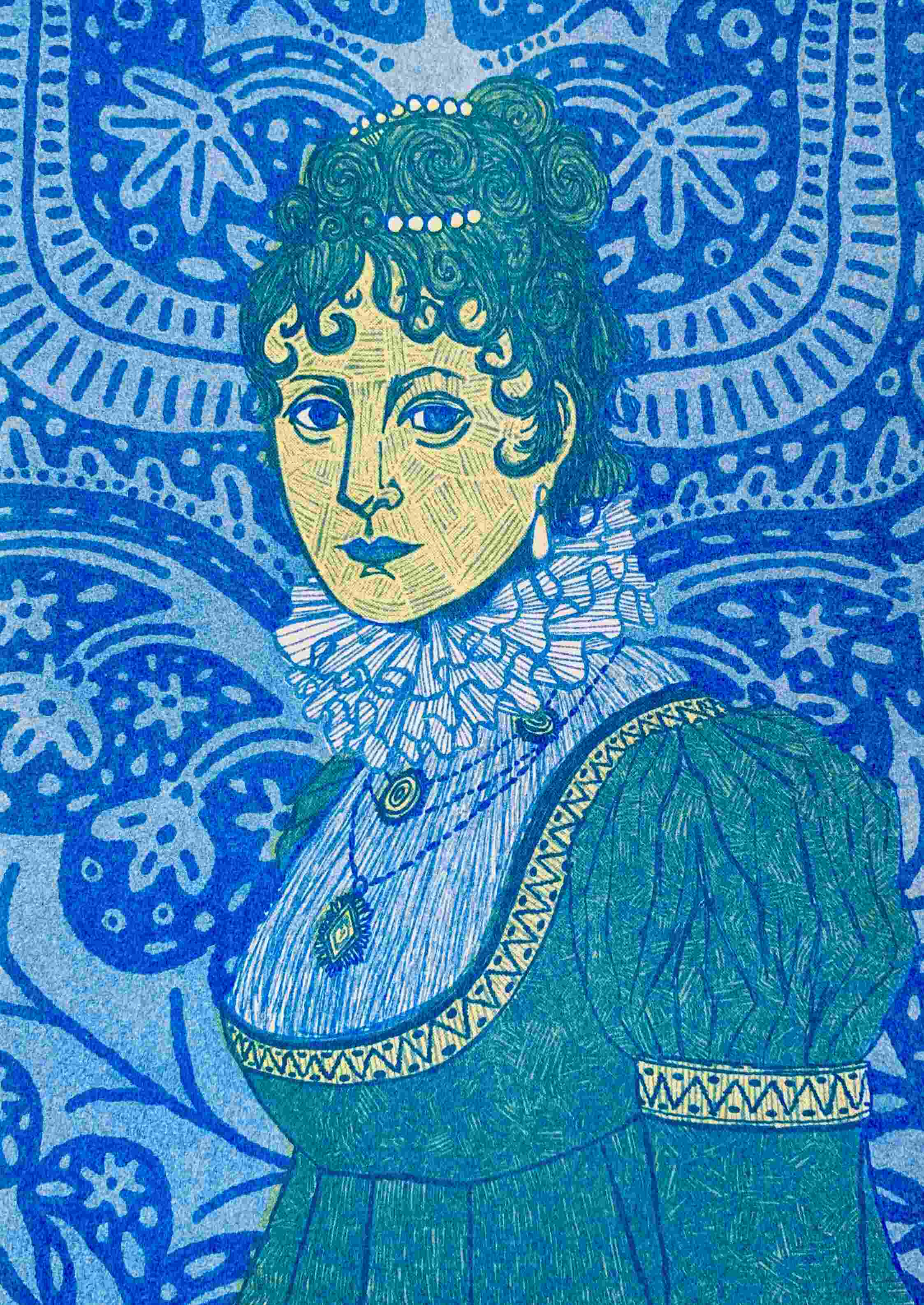 yellow and blue risograph print ofof a regency lady with a ruff collar