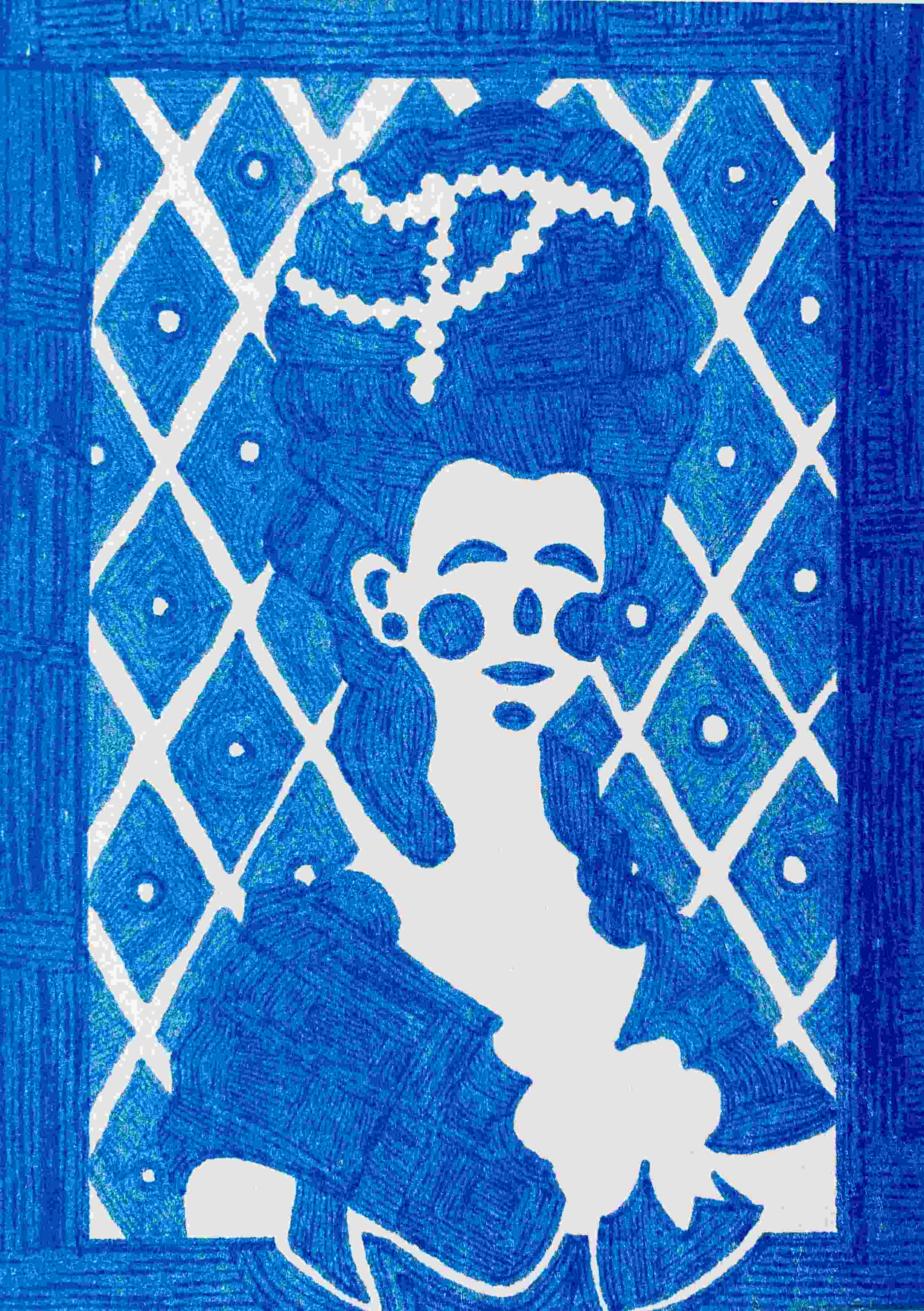 blue risograph print of a georgian lady with a large wig