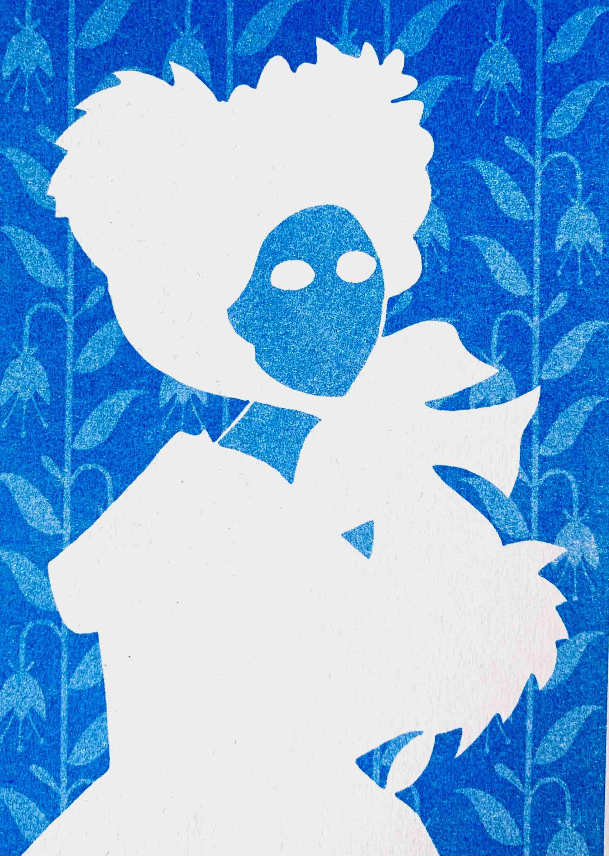 blue risograph print of the silouhette of a lady with a large bonnet and a bouquet of flowers