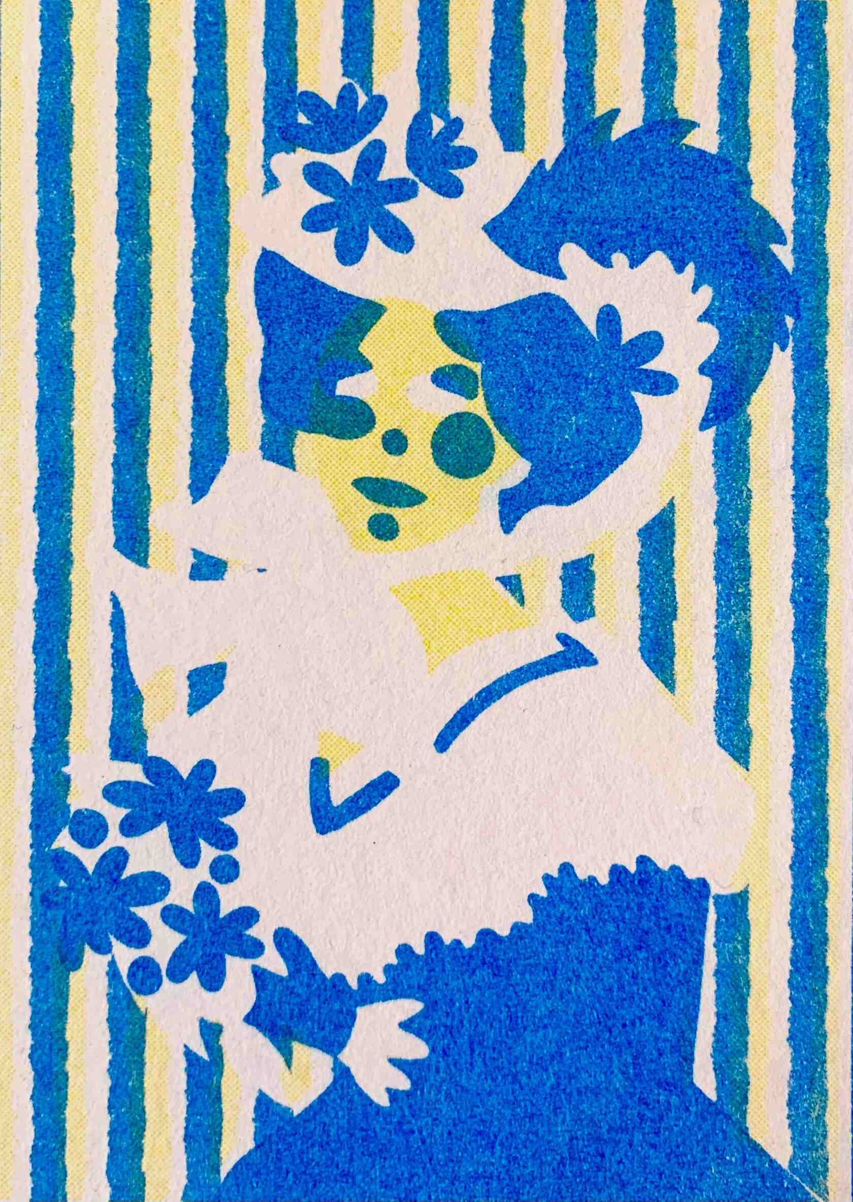 blue and yellow risograph print of a lady with a large bonnet and a bouquet of flowers