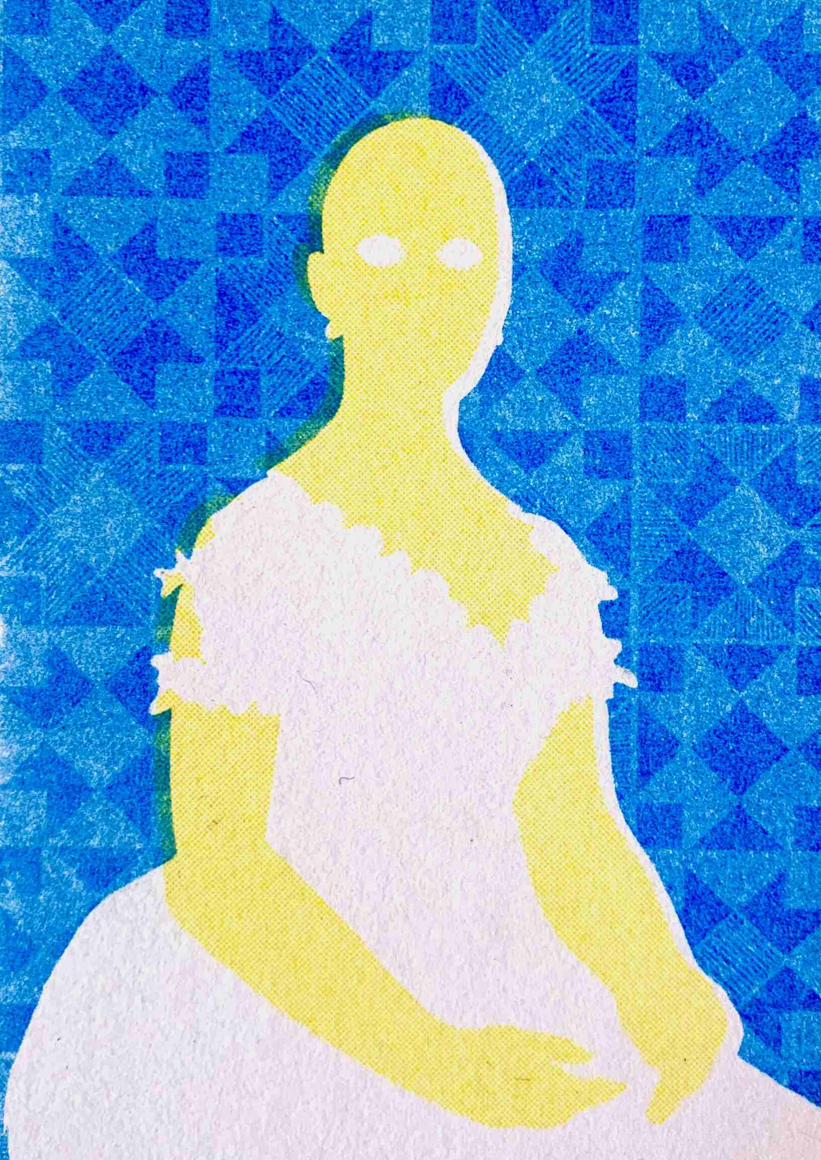 blue and yellow risograph print of the silouhette of a lady with a white dress and no hair