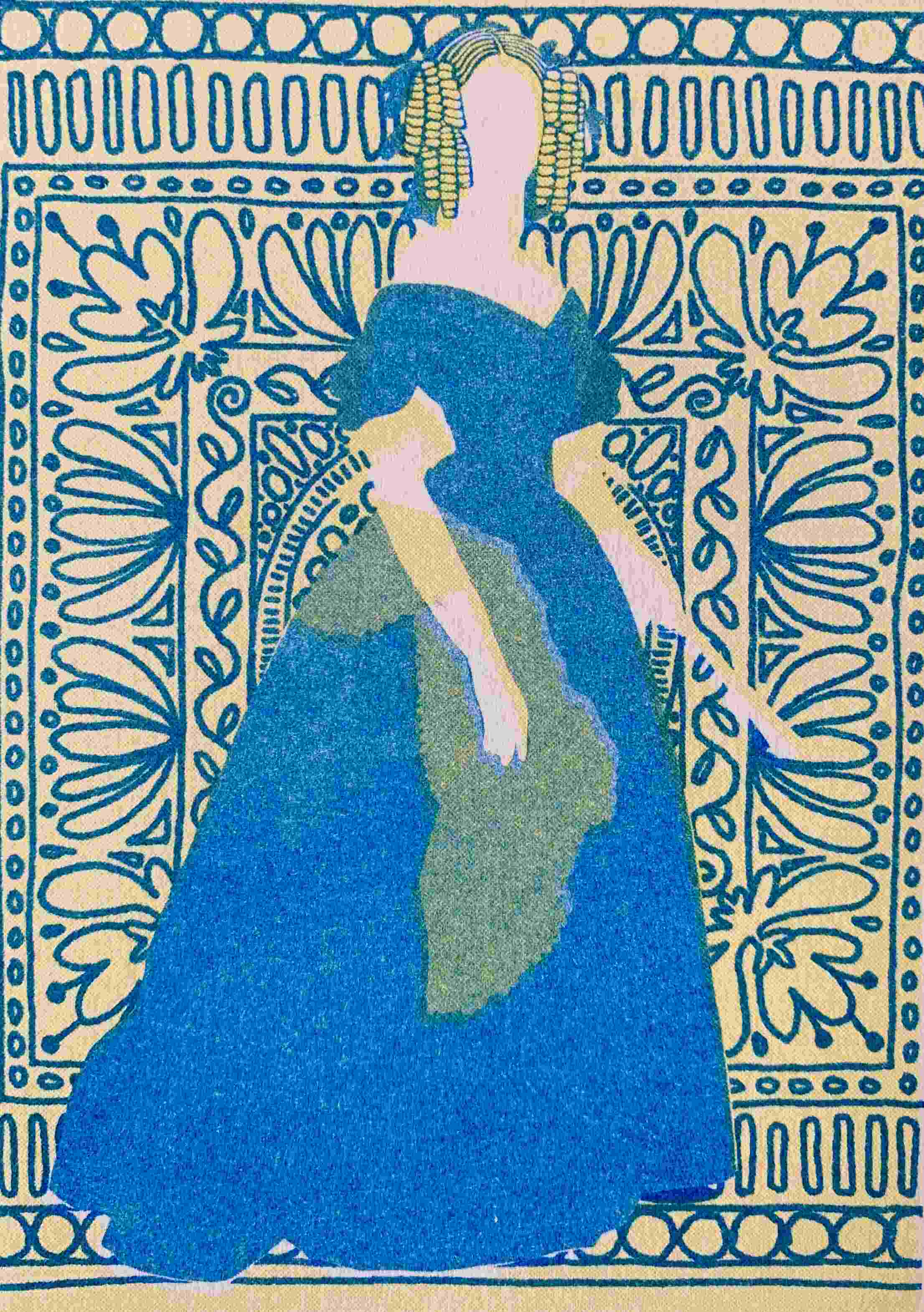 yellow and blue risograph print of a lady in a large blue dress with a patterned background