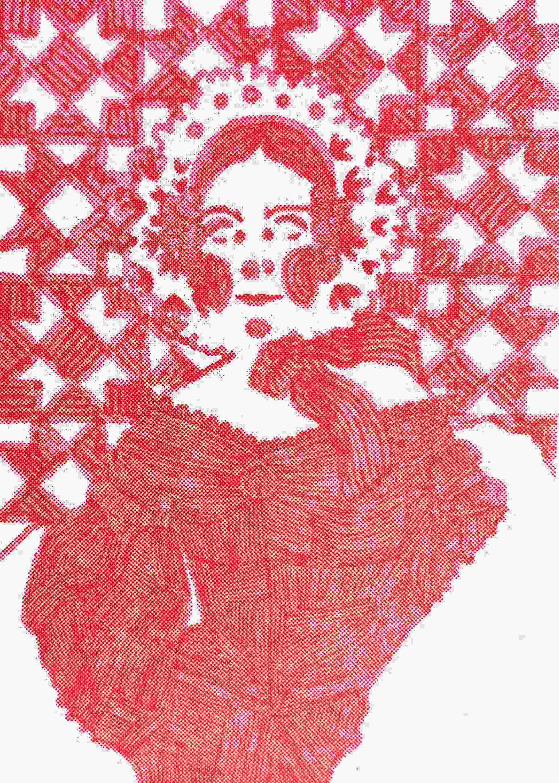 pink risograph print of a lady in a pink dress and a bonnet
