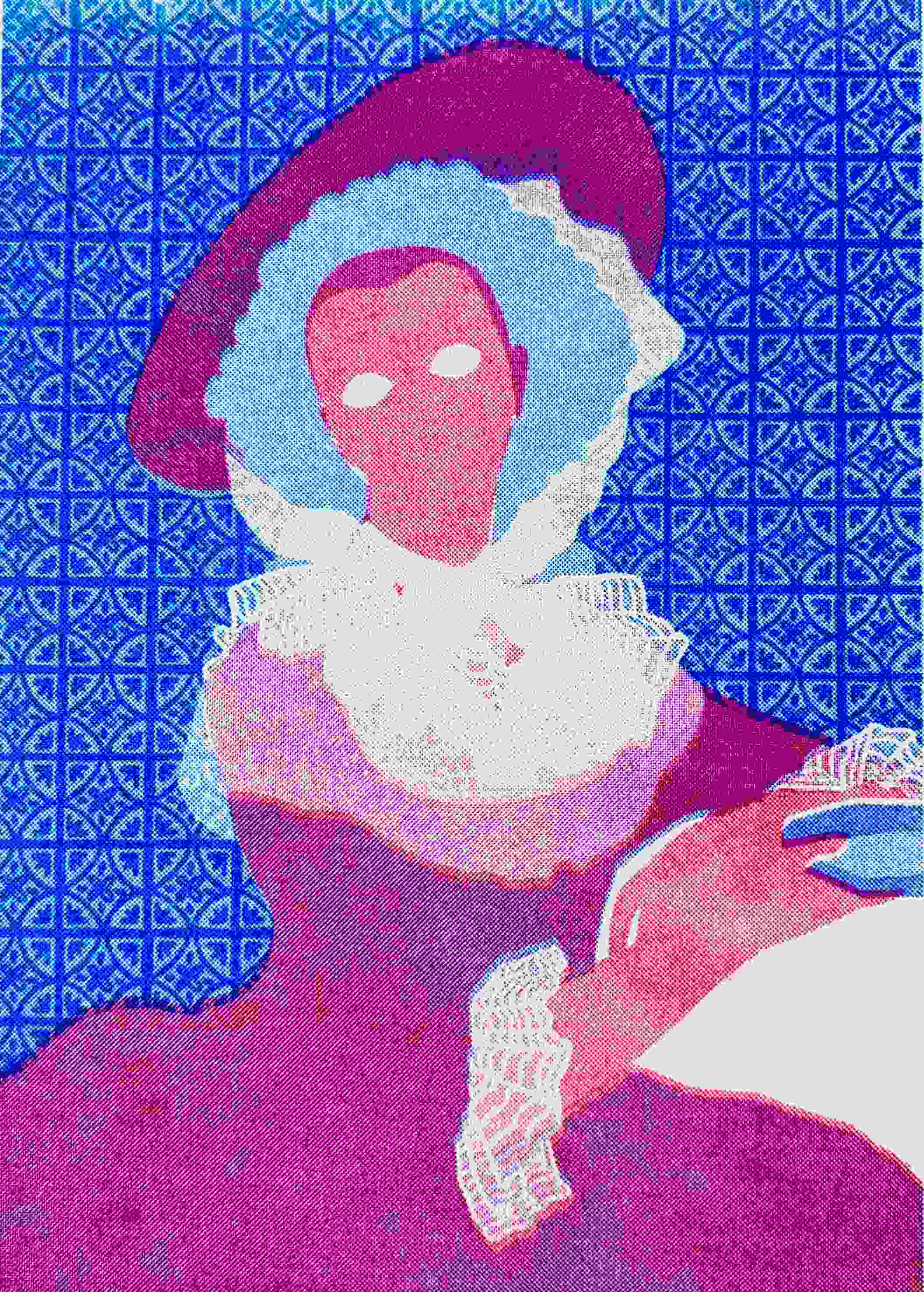 pink and blue  risograph print of a georgian lady with large hair, wearing a hat