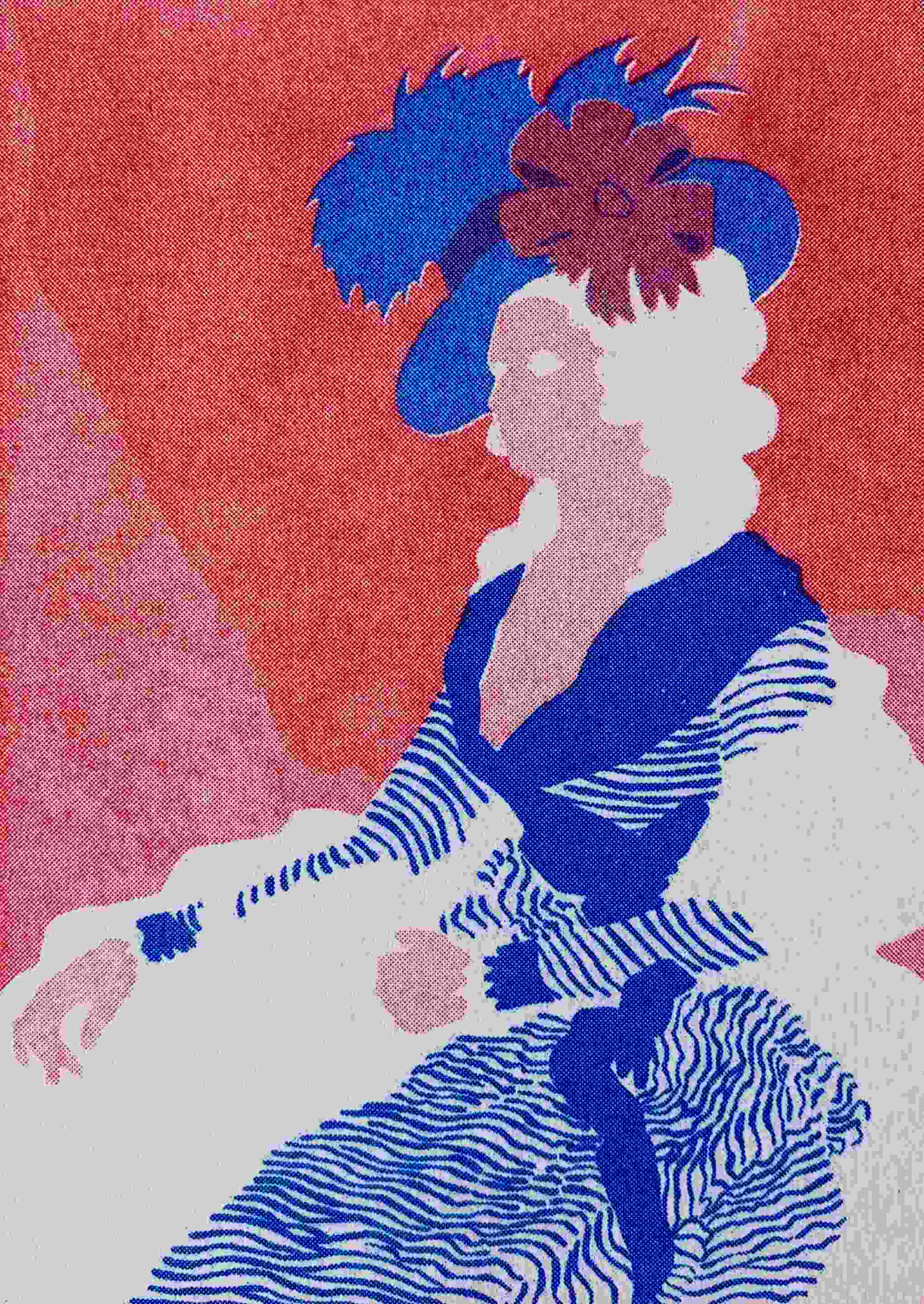 pink and blue risograph print of a georgian lady in a striped dress