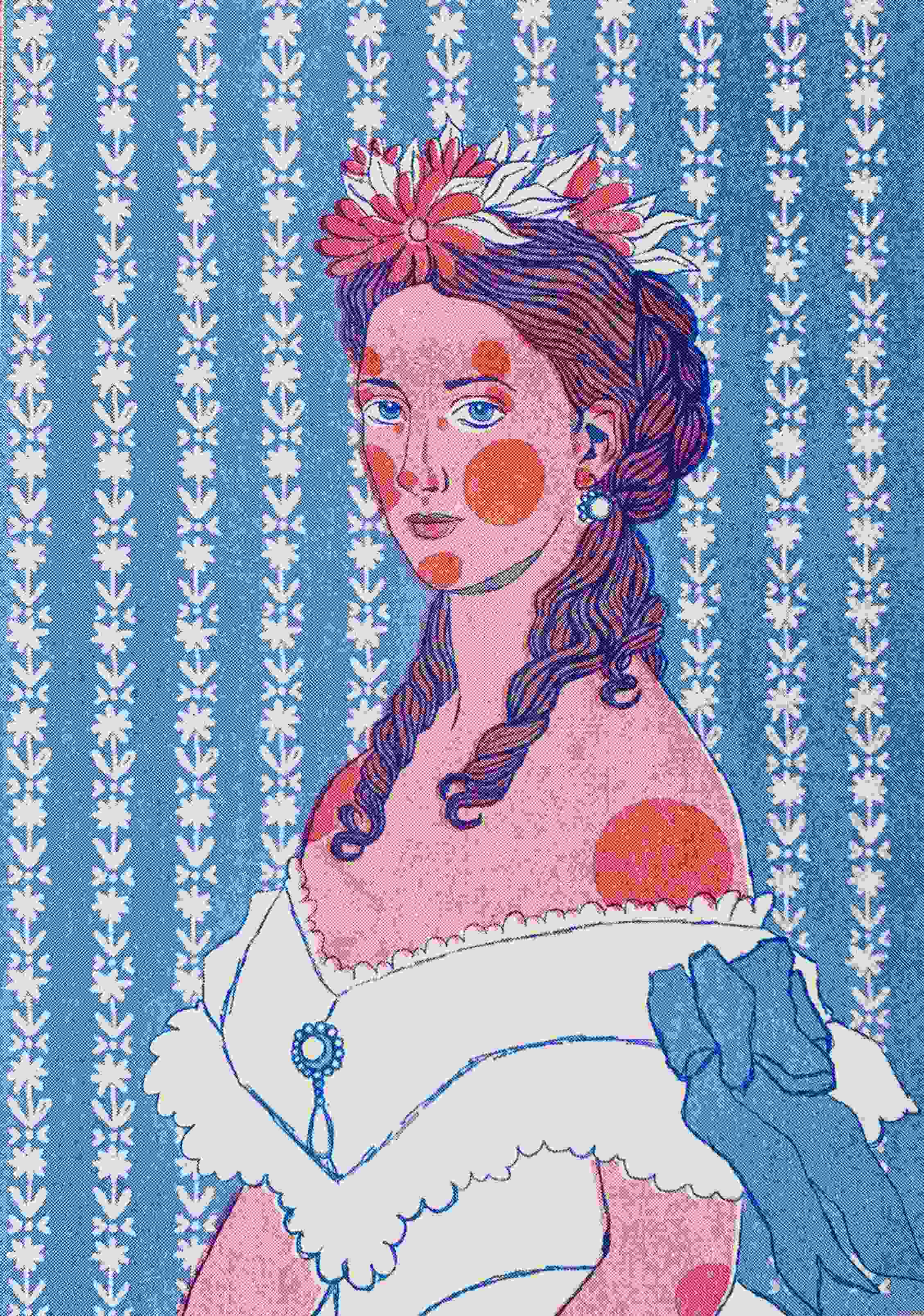 pink and blue risograph print of lady in a white dress with flowers in her hair