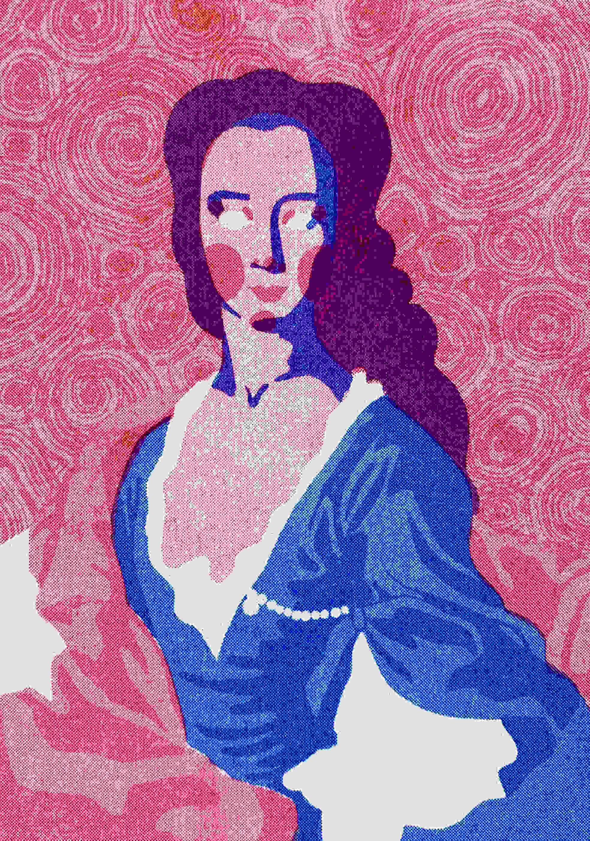 pink and blue risograph print of a lady in a blue dress