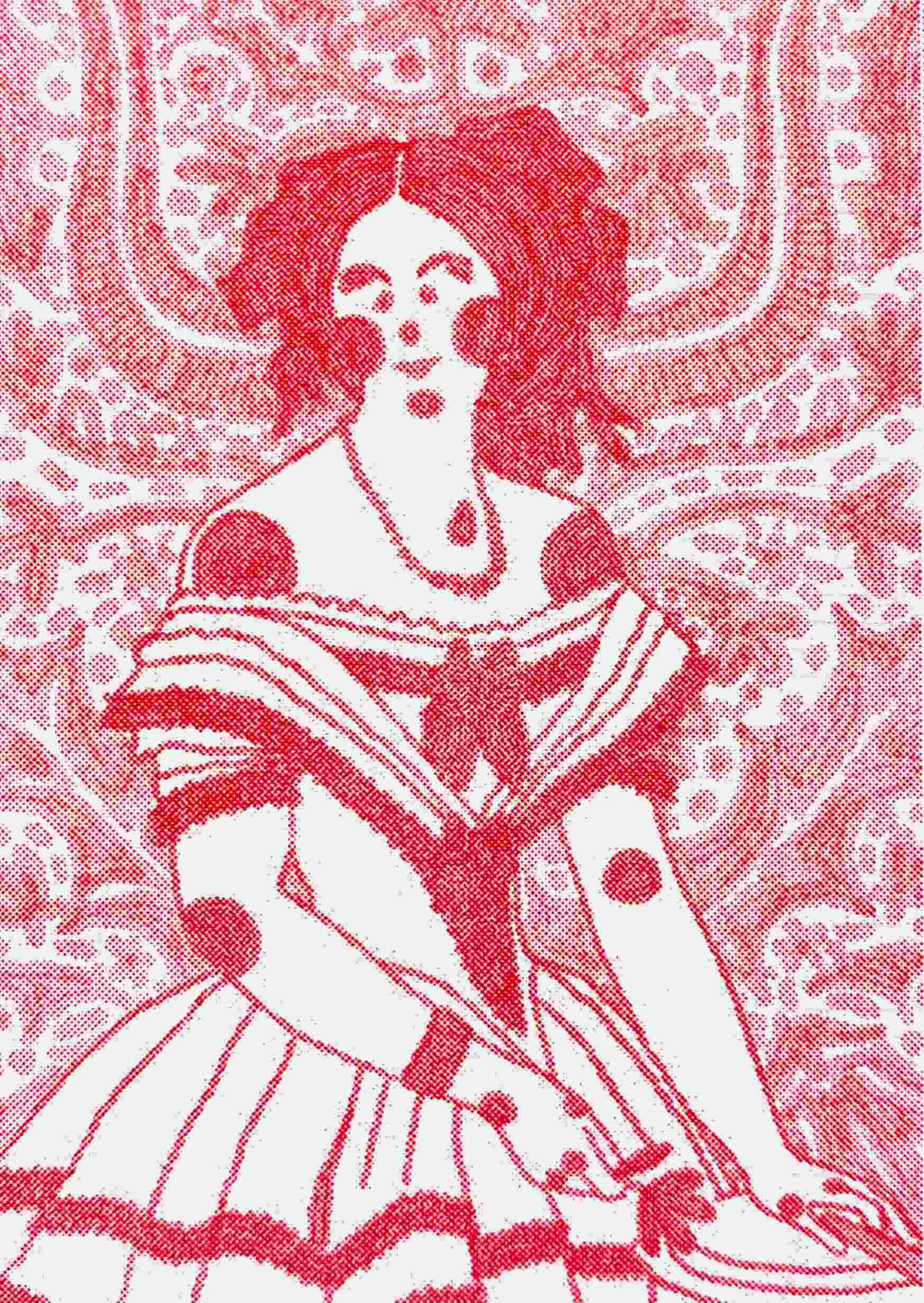 pink risograph print of a lady in a white dress with a patterned background