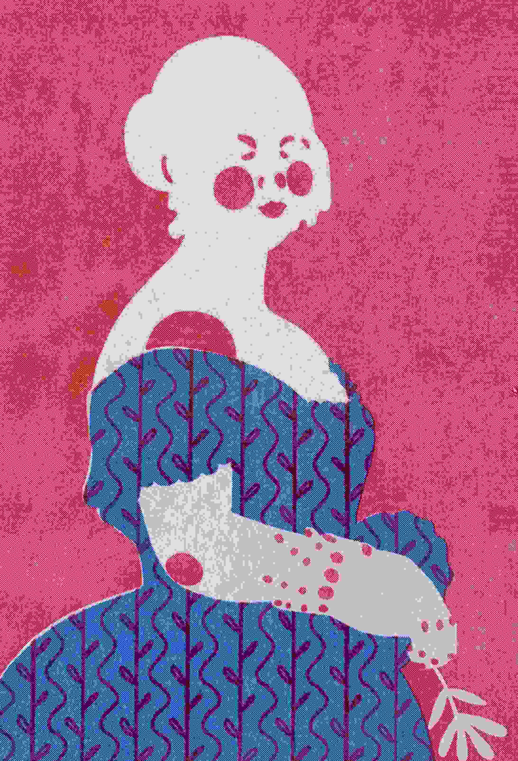 pink and blue risograph print of a lady's silhouette wearing a blue dress