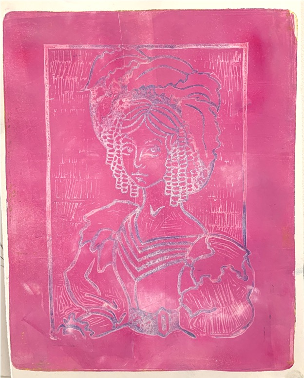pink and blue gelli print of a lady with ringlets and a big hat