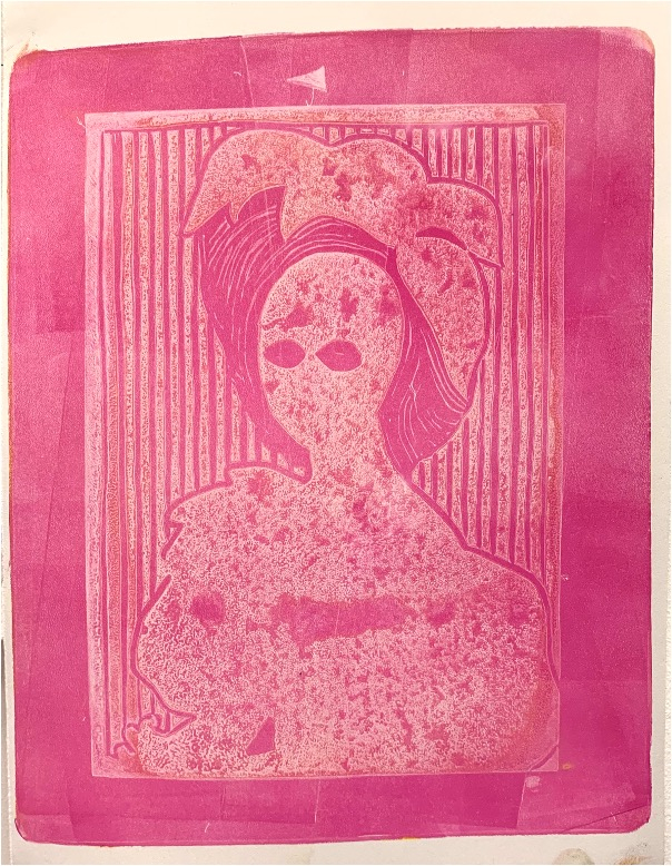 pink and gelli print of a lady with a big hat