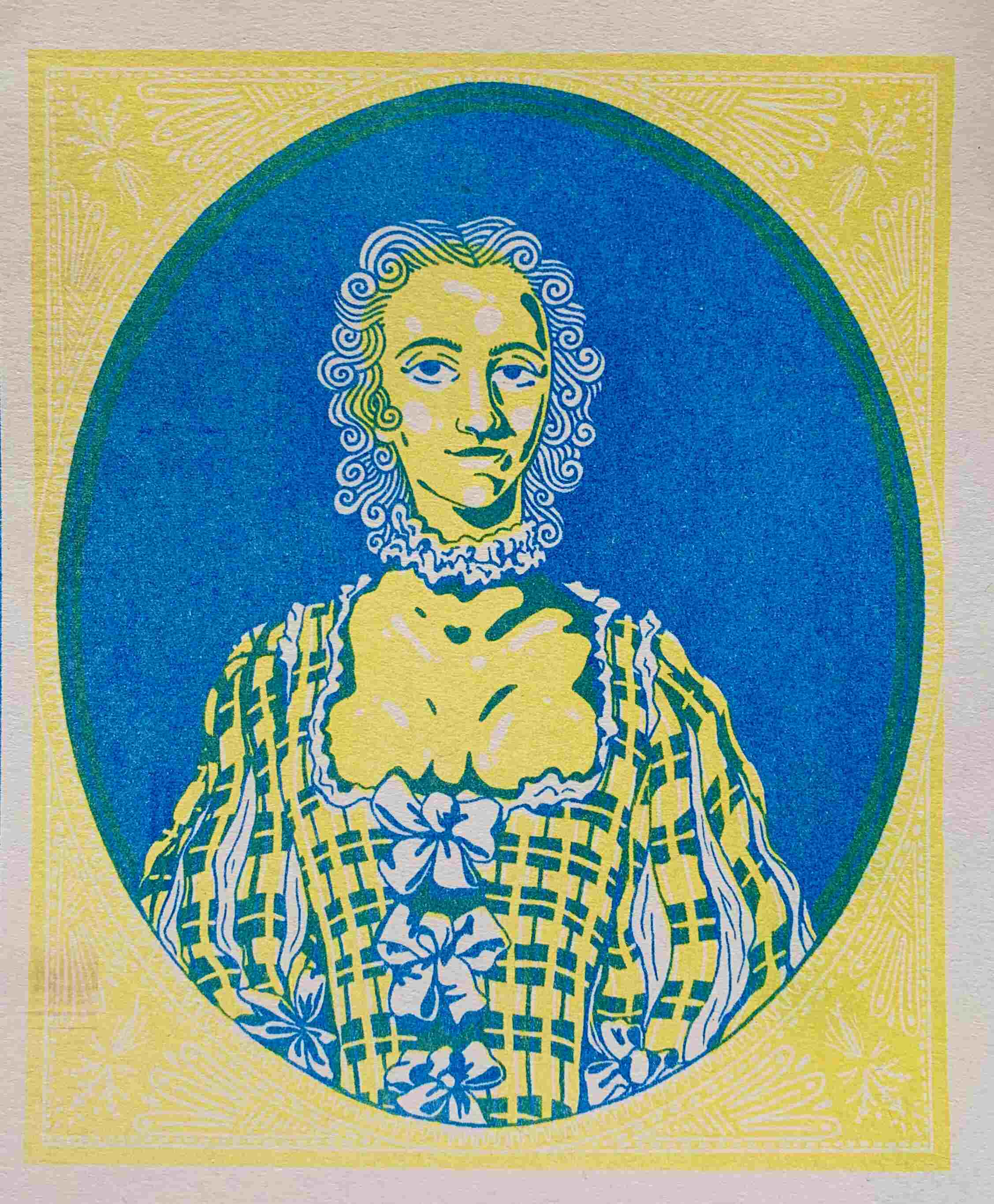 yellow and blue Risograph print of a woman in a tartan dress