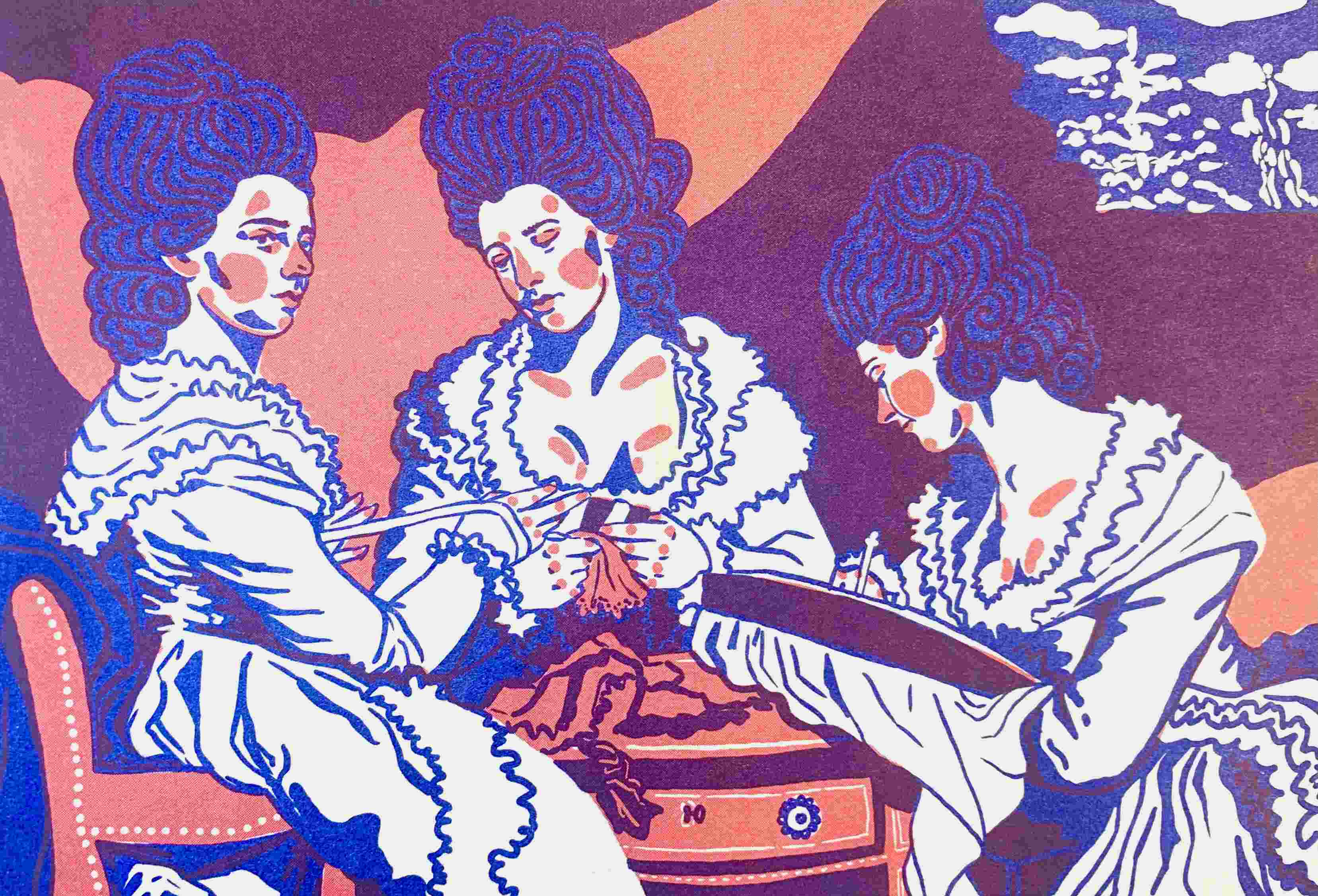 pink and blue risograph print of 3 georgian ladies sewing