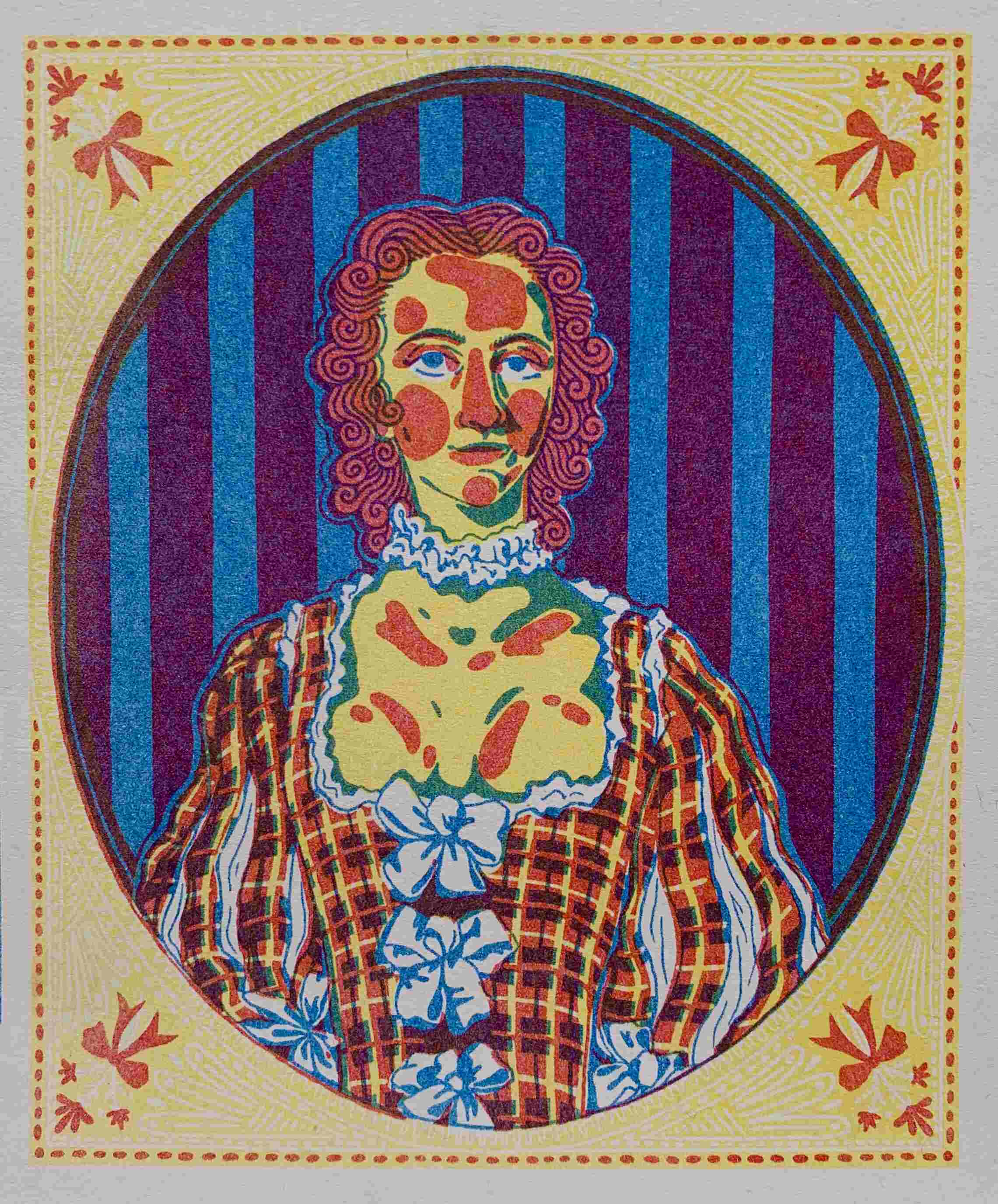 pink yellow and blue Risograph of a lady in a tartan dress