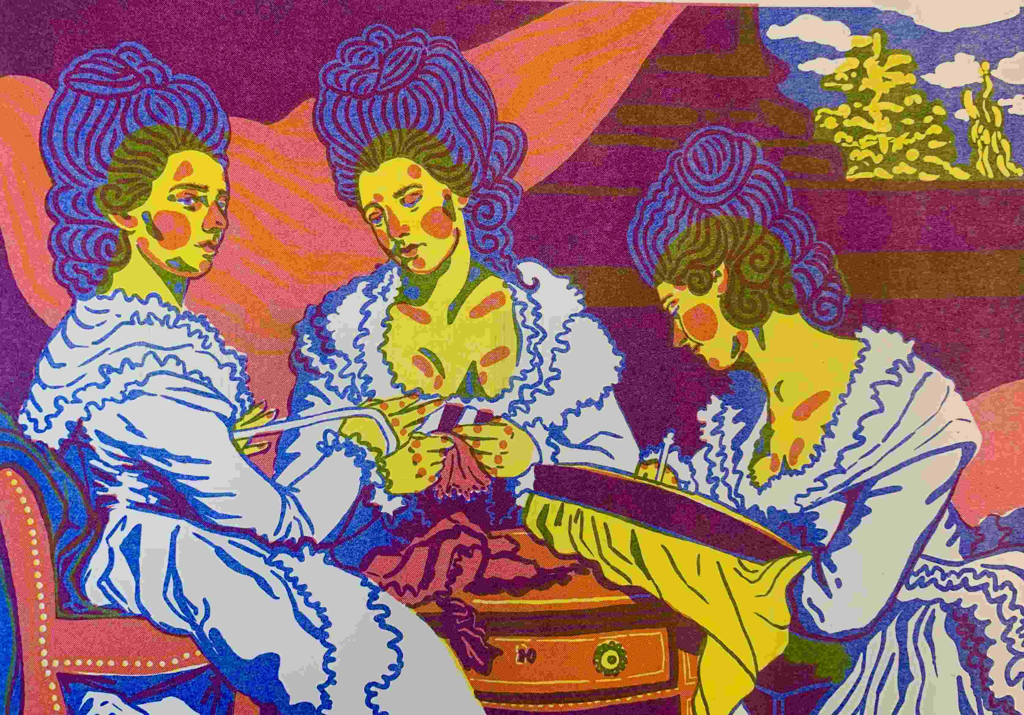 pink, yellow and blue Risograph print of 3 Georgian ladies sewing