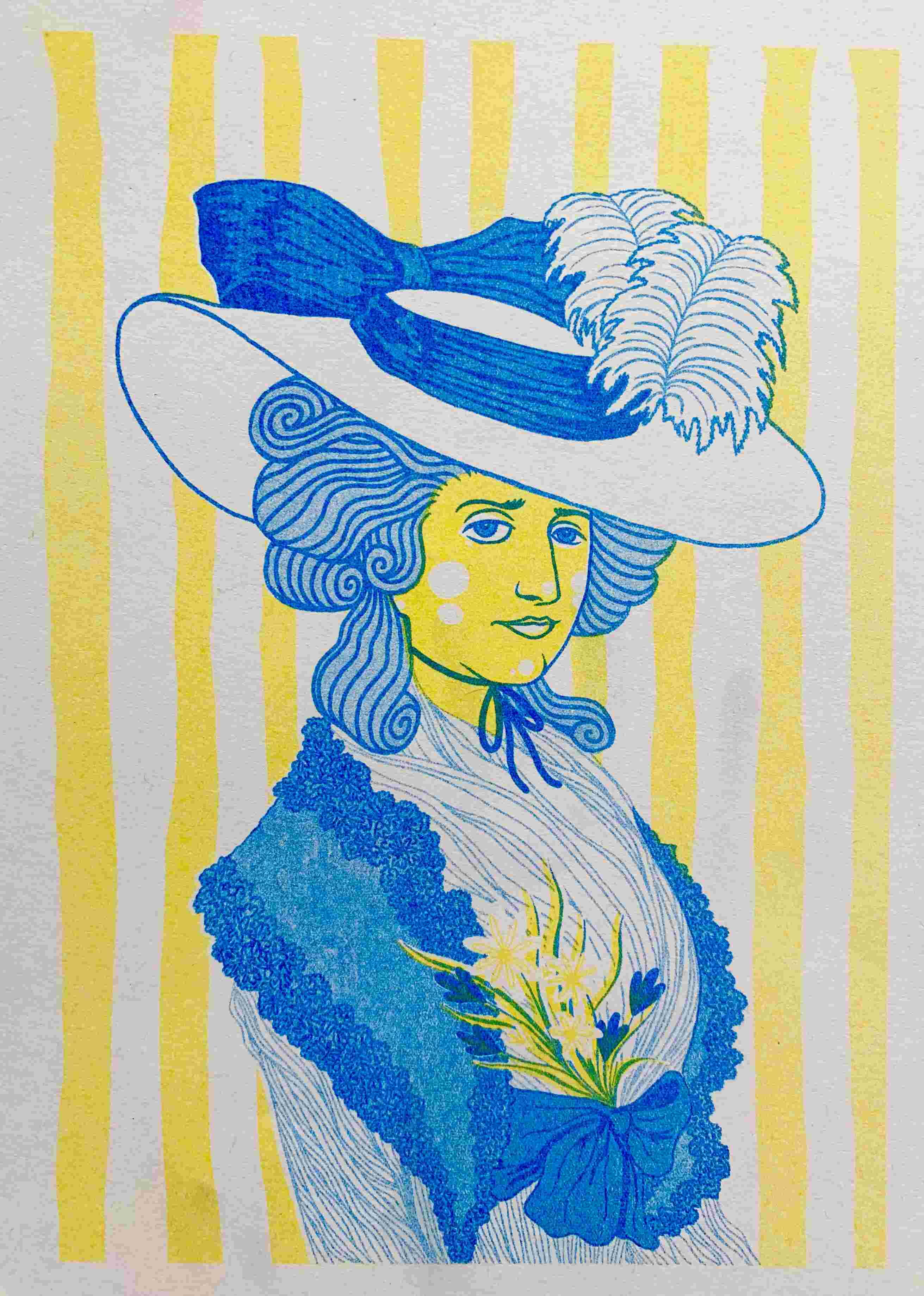 yellow and blue risograph print ofof a georgian lady with a big hat
