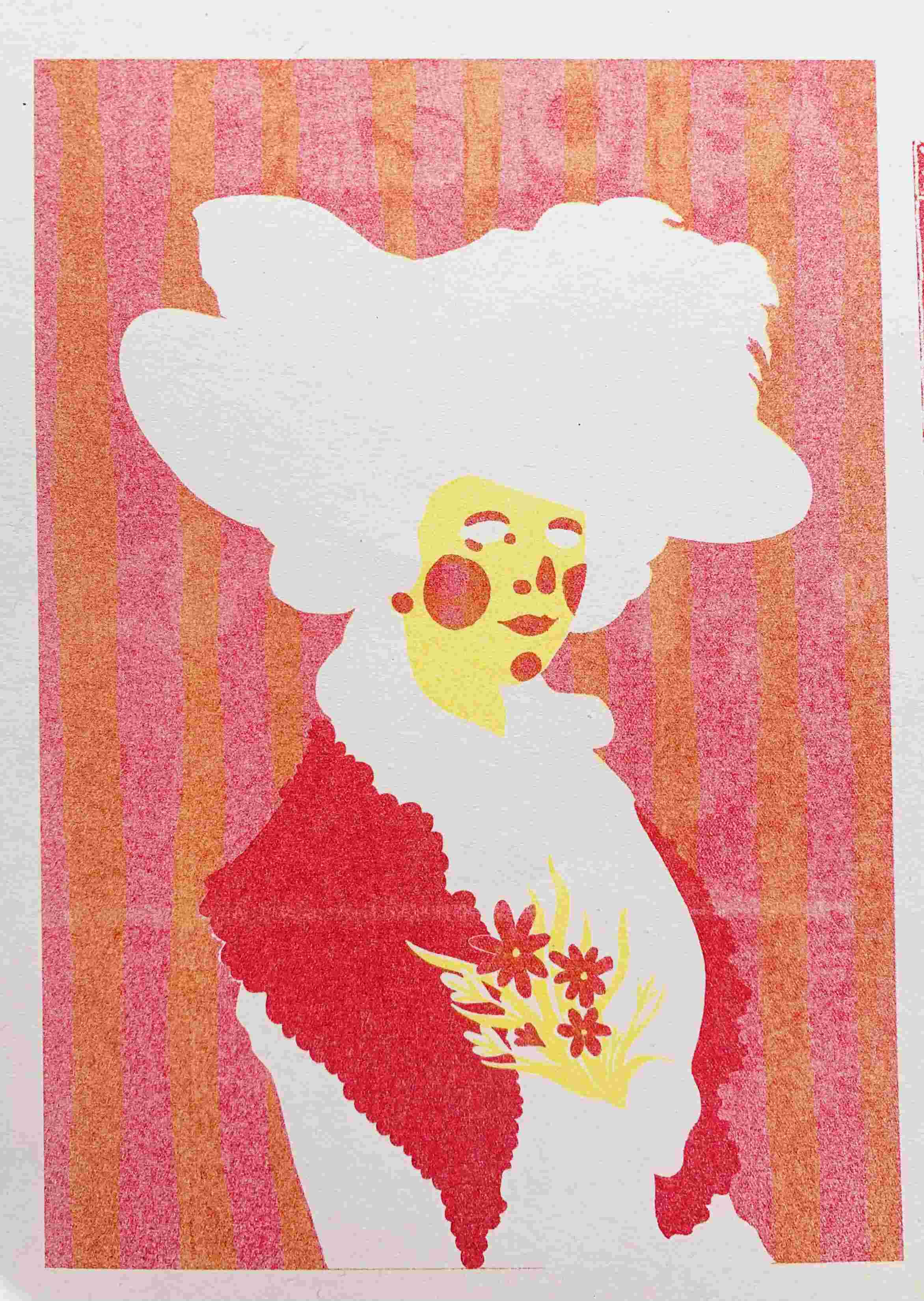 yellow and pink risograph print ofof a georgian lady with a big hat