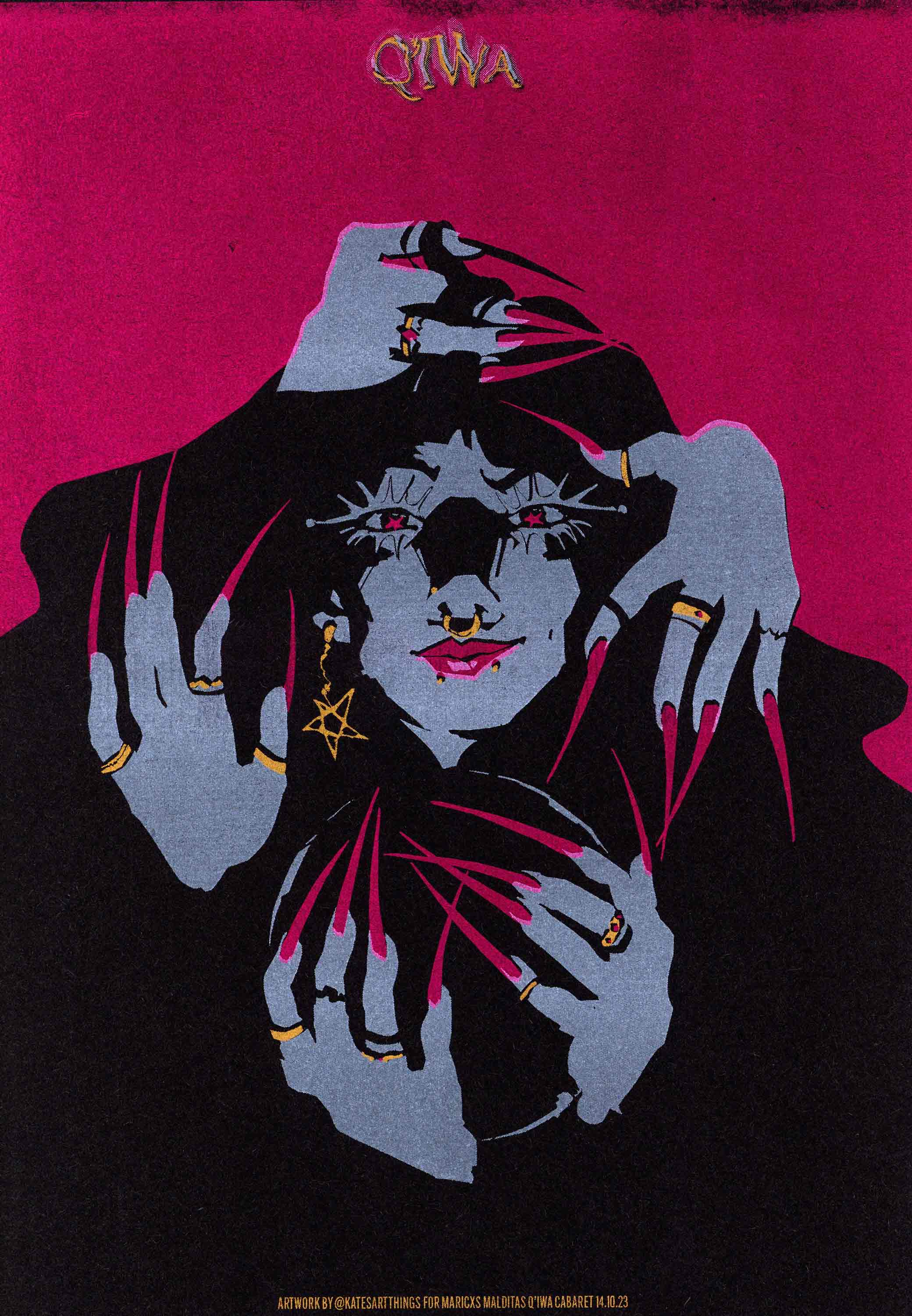 Riso-print of a pale face haloed by dark hair and 5 hands on a bright pink background