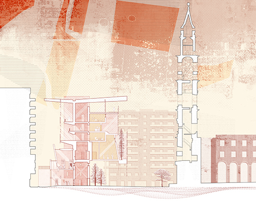 Cross section through the weaving workshop and the prayer spaces of the shelter, in relation to the Basilica and the existing residential block 