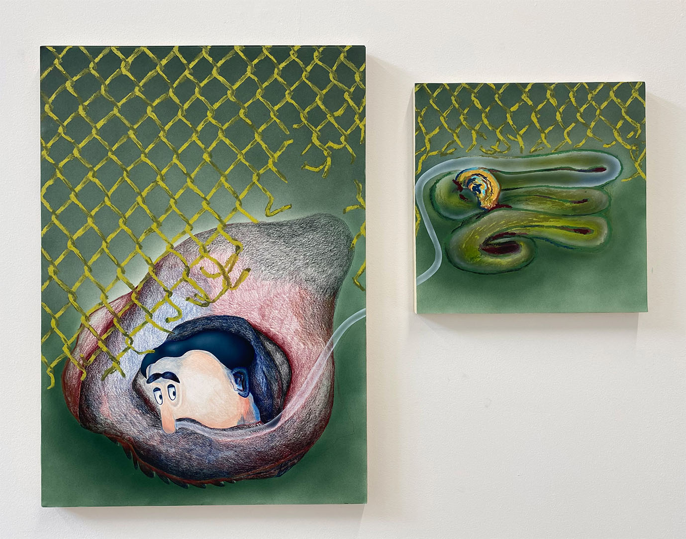 Image is of a diptych painting- on the left panel a blobby figure has broken through a green barbed wire fence. An oxygen tube is in the figures nose and goes across to the right panel where the oxygen tube turns into a peculiar pipe with an ear attached to it.