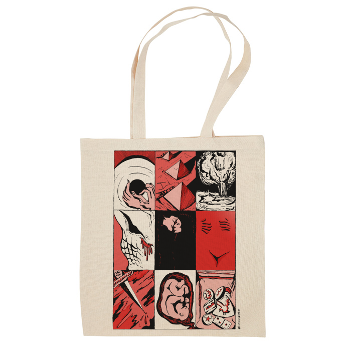 A tote bag with red and black illustration