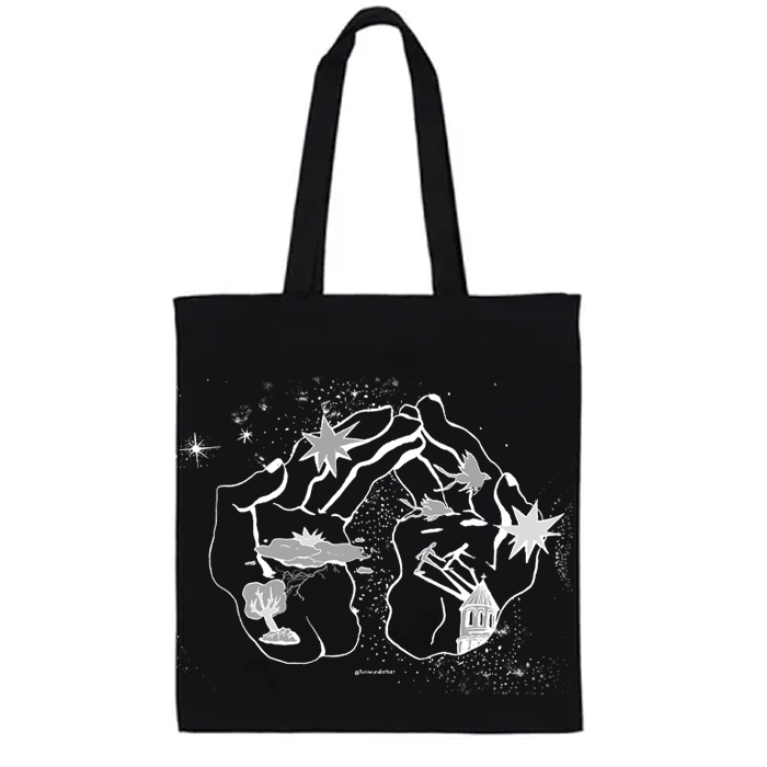 A black tote bag with white illustration
