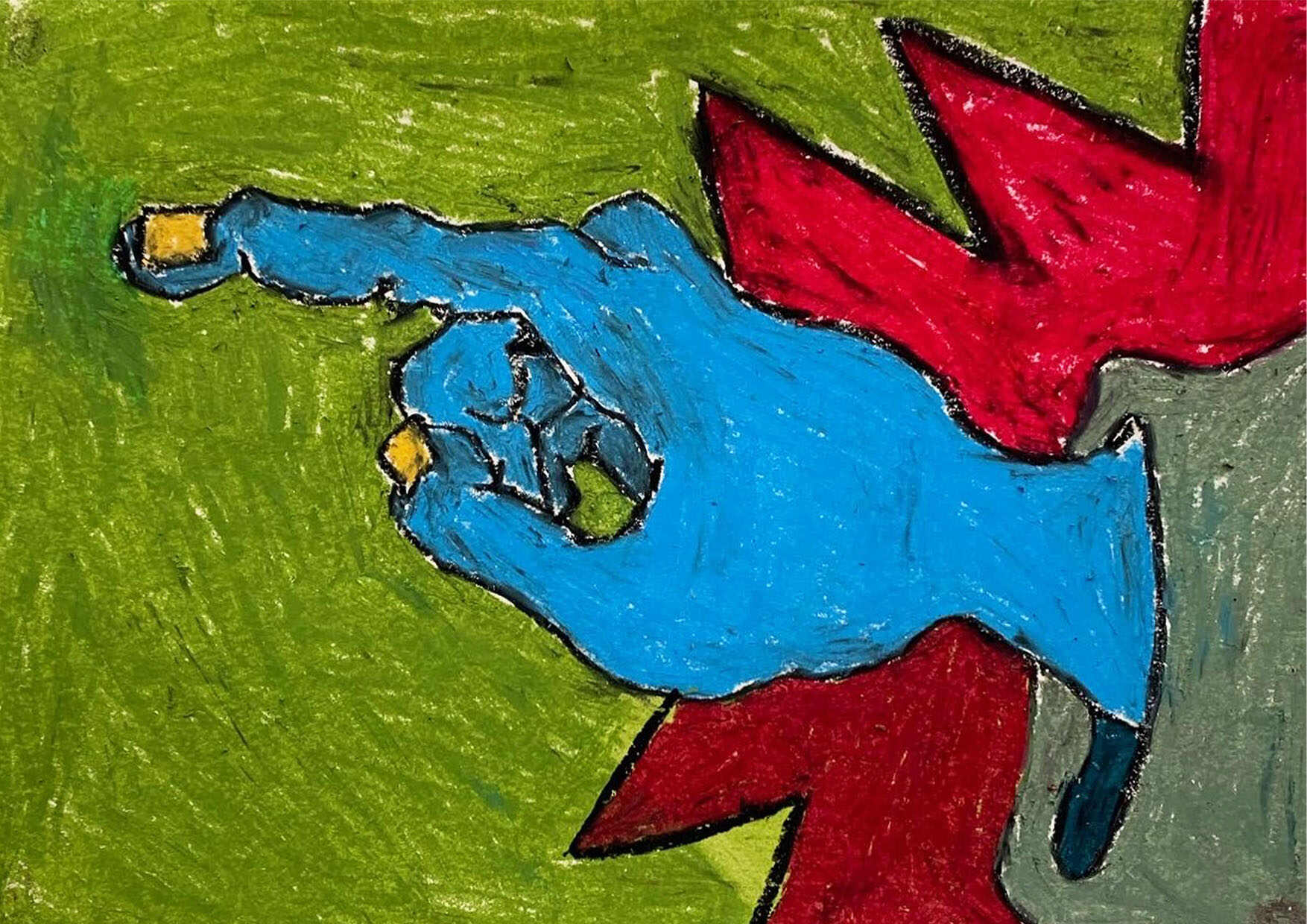 Blue hand points to something unframed, jagged red spikes sit behind it and infront of a green backdrop.