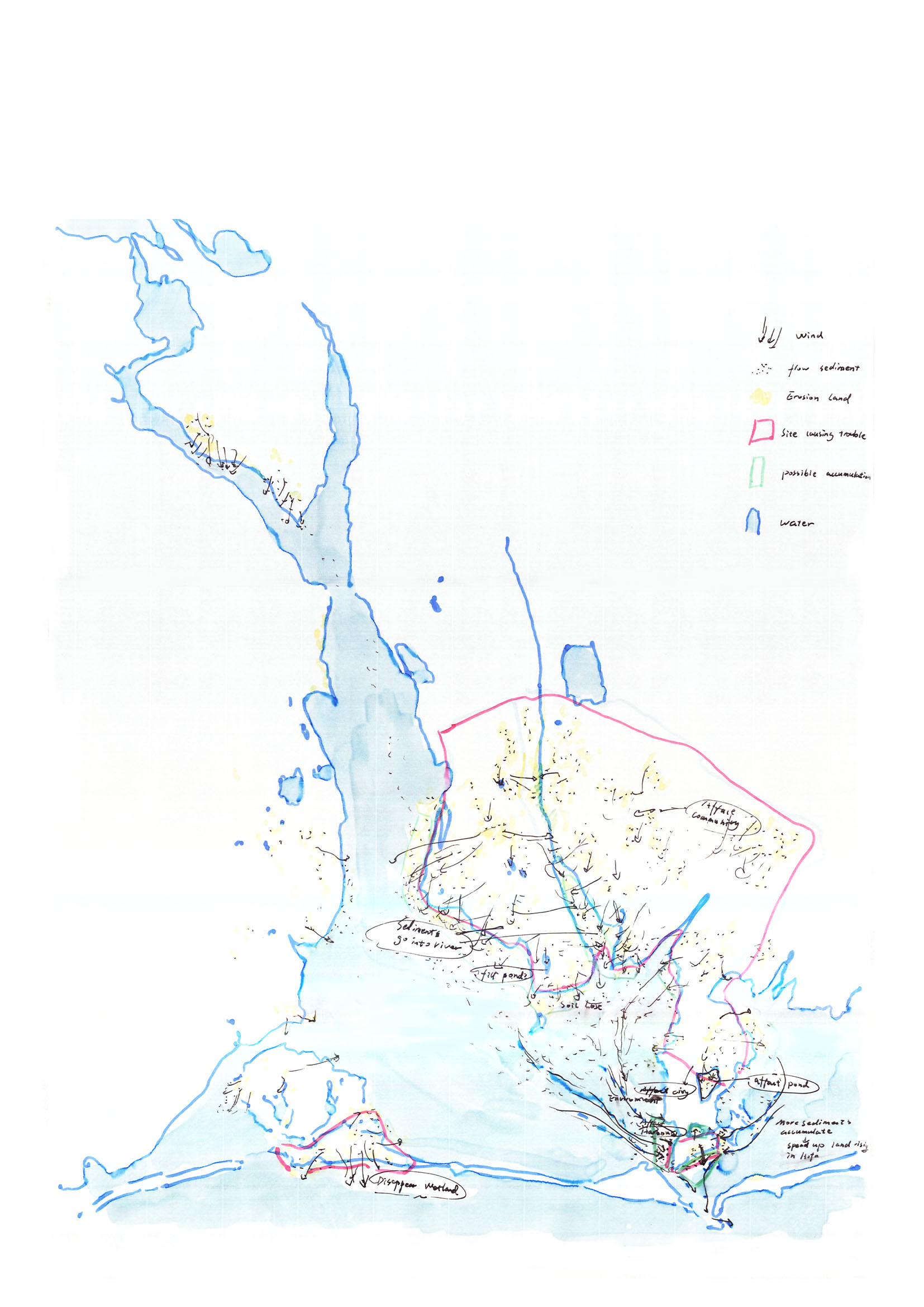 Strong wind is one of the characteristic of the site's climate. This map visualizes how the wind comes from different direction and causing effects to the land. Sediments flow, decrease in exposed land, accumulates in the river. Soils under bad condition are very likely go through hard time. The fragile soils, the fragile landscape become more delicate with strong wind.