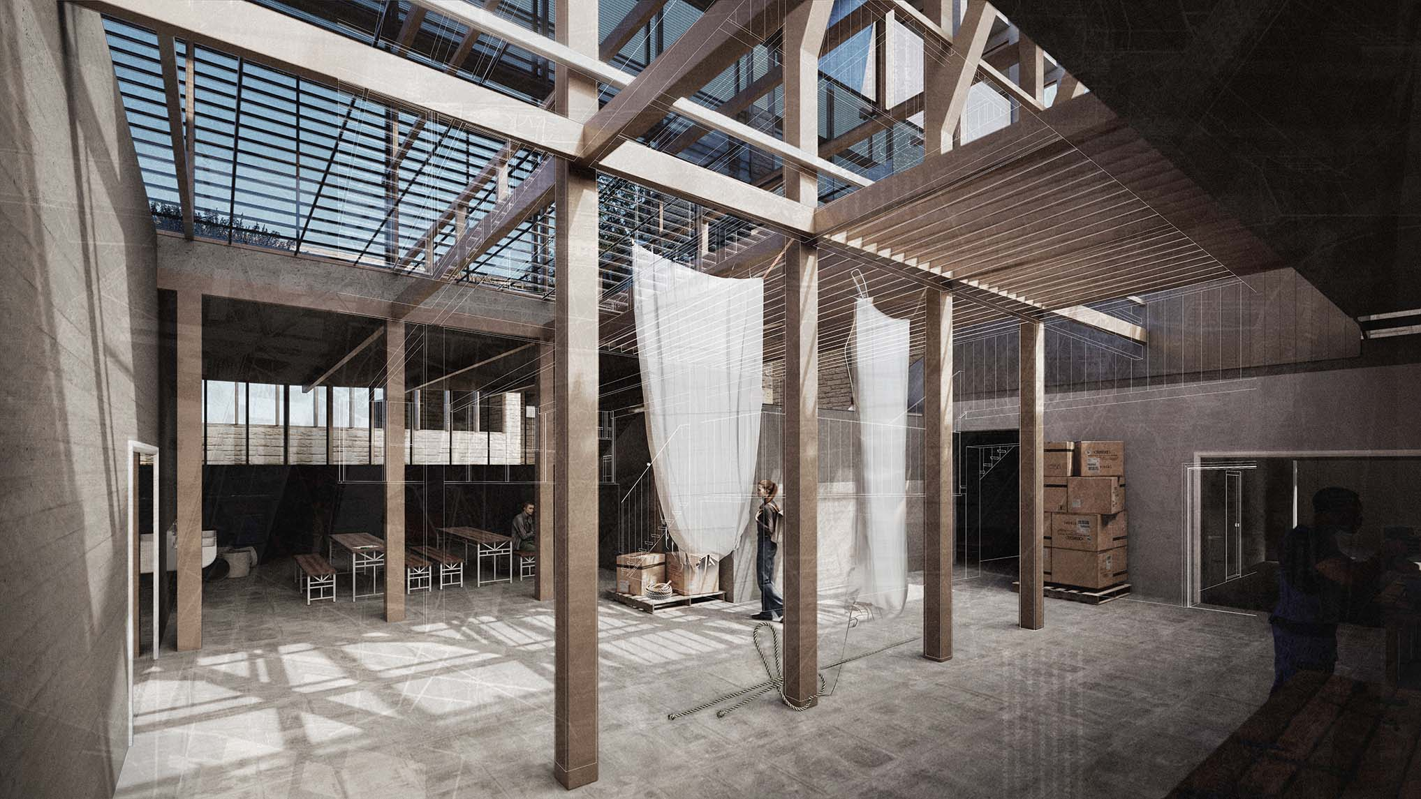Biomembrane and Algae Processing Workshop - Interior with Mesh, Drying Racks, Material Store, and Making Space