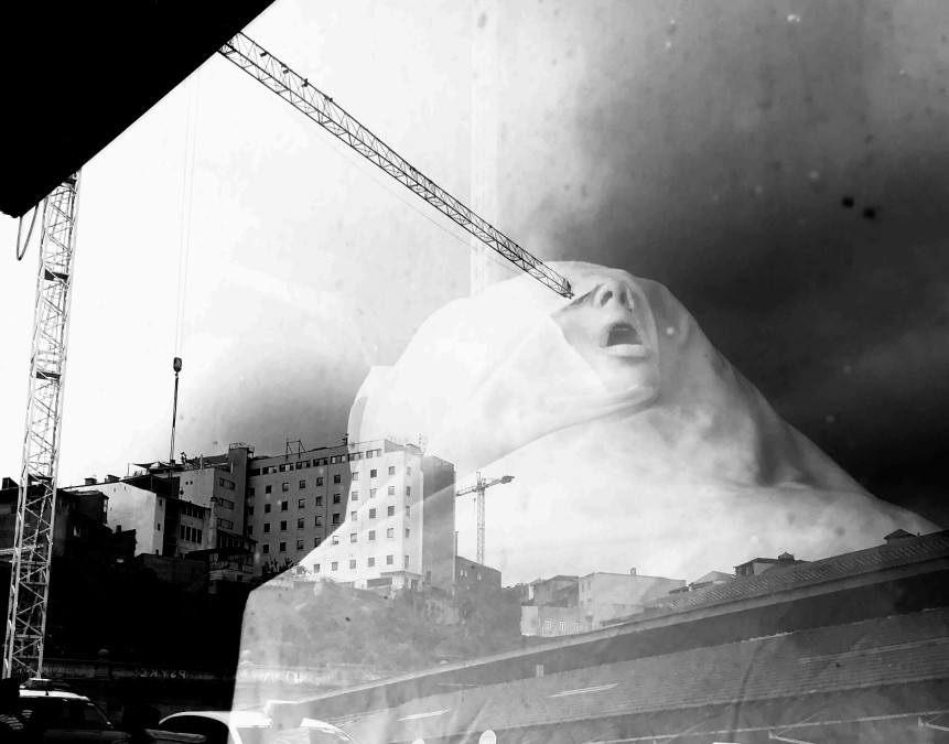 black and white image of reflection with dummy behind window