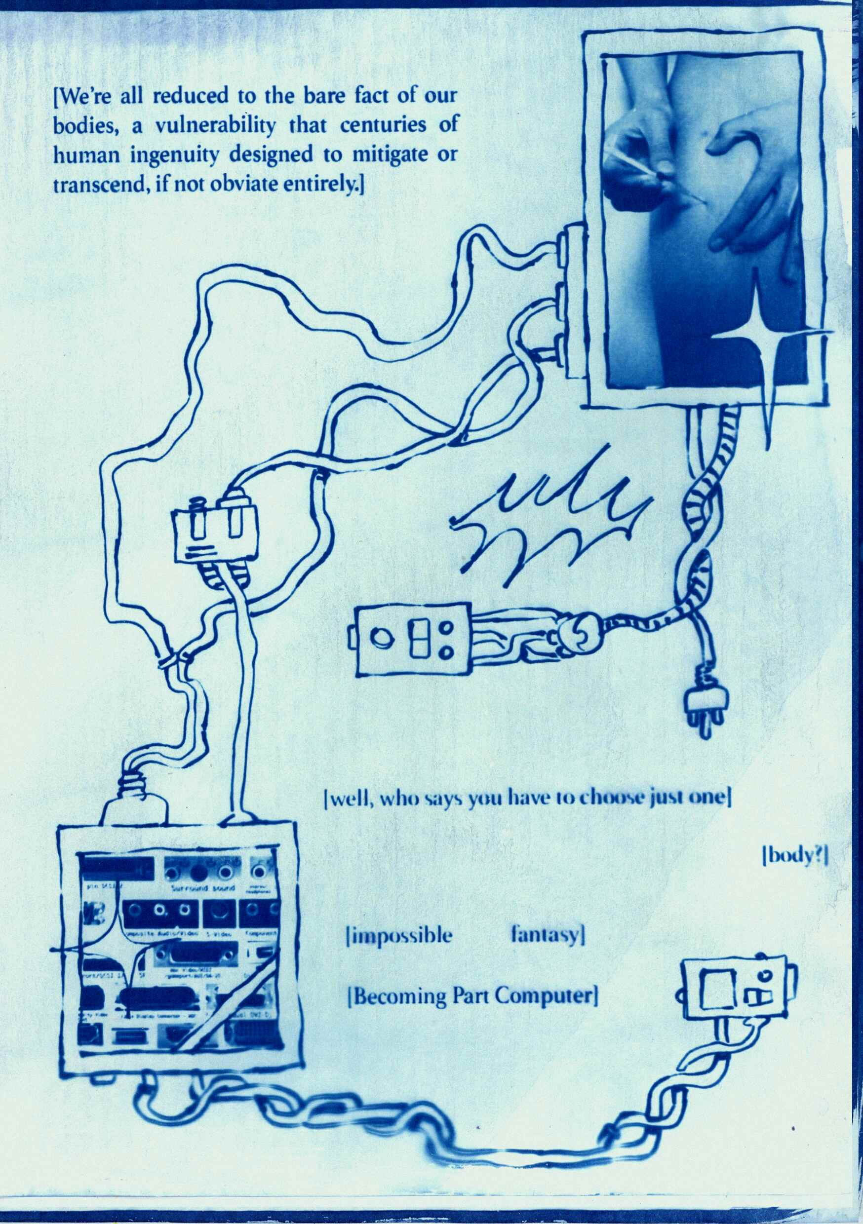 Page from the book. Disparate lines of poetry are dotted across the page following a loose grid, and between the words are two computer screens with wires that fill up the empty parts of the page.