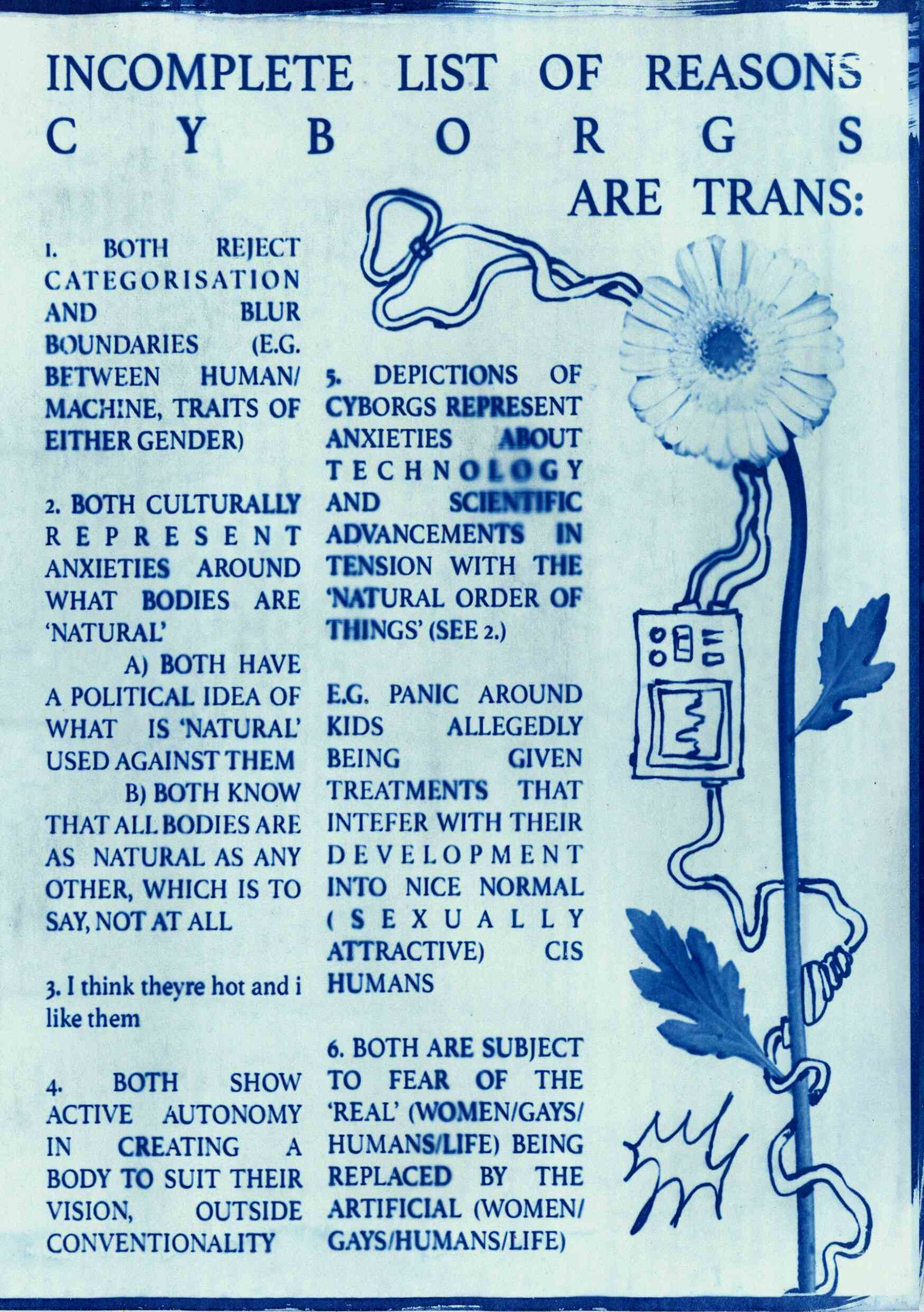 Page from the book. Most of the page is columns of text, on the right side is a photo of a flower with wires and plugs drawn on top.