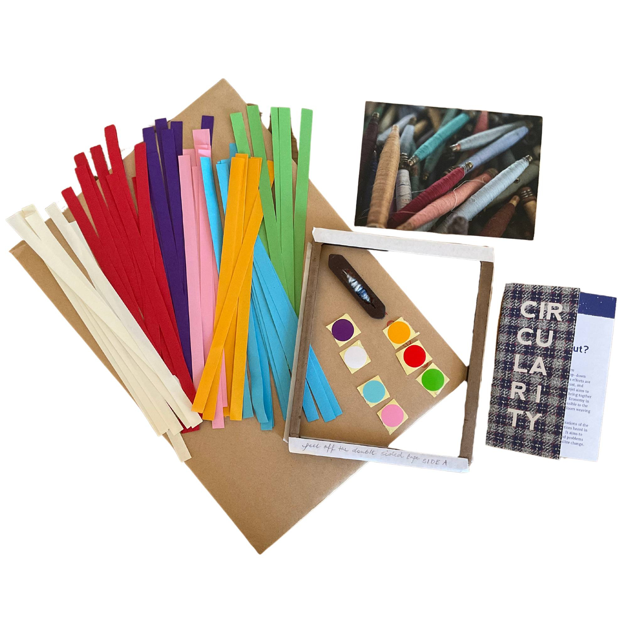 Cultural probe kit- Postcards, paper strips, frame loom, stickers and an envelope