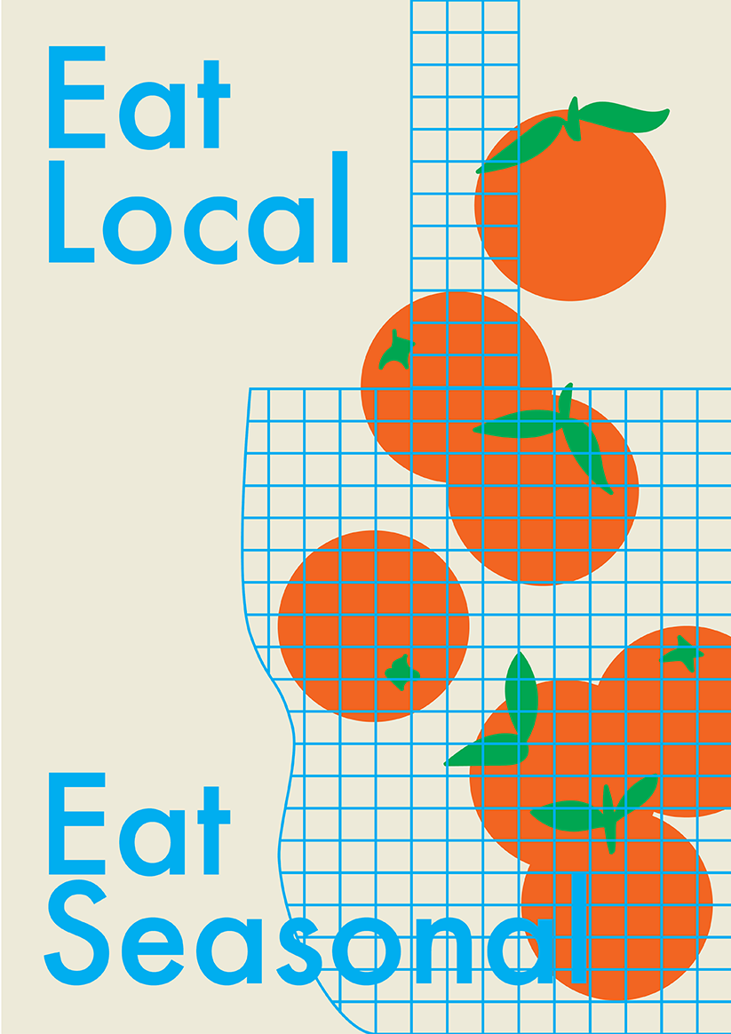 Poster with image of oranges in a bag with the text: "Eat Local, Eat Seasonal"