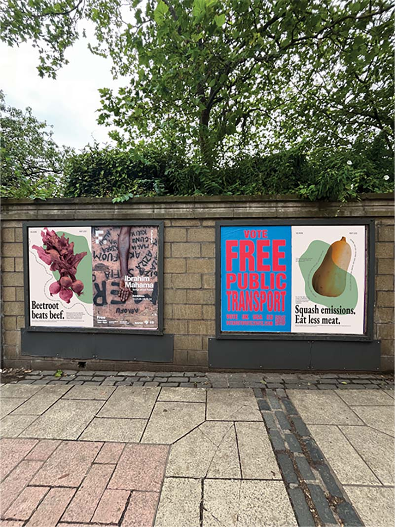 Mockup of the posters reading "Beetroot beats beef" and "Squash emissions. Eat less meat."