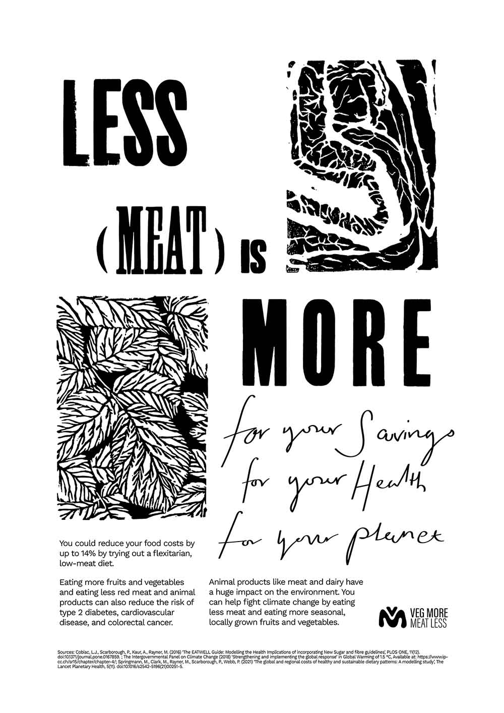 Poster with text "less meat is more"