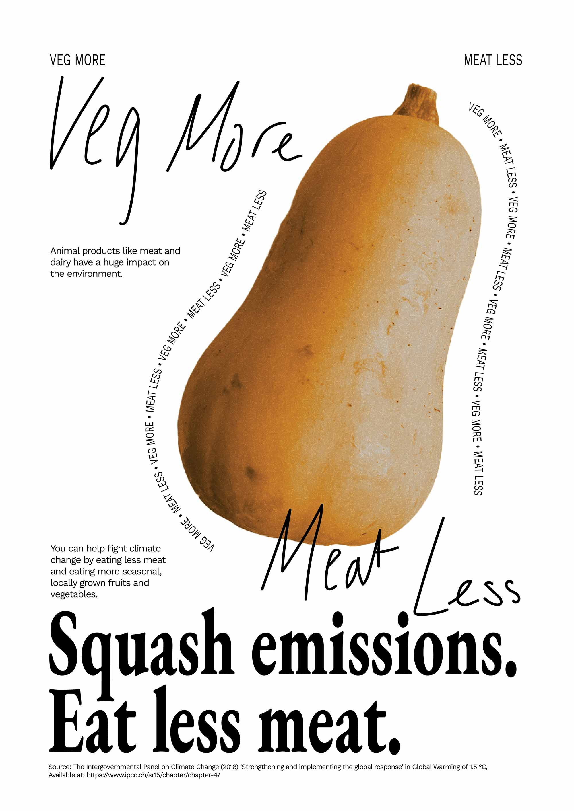 Poster with an image of a squash and the text: "Squash emissions. Eat Less Meat"