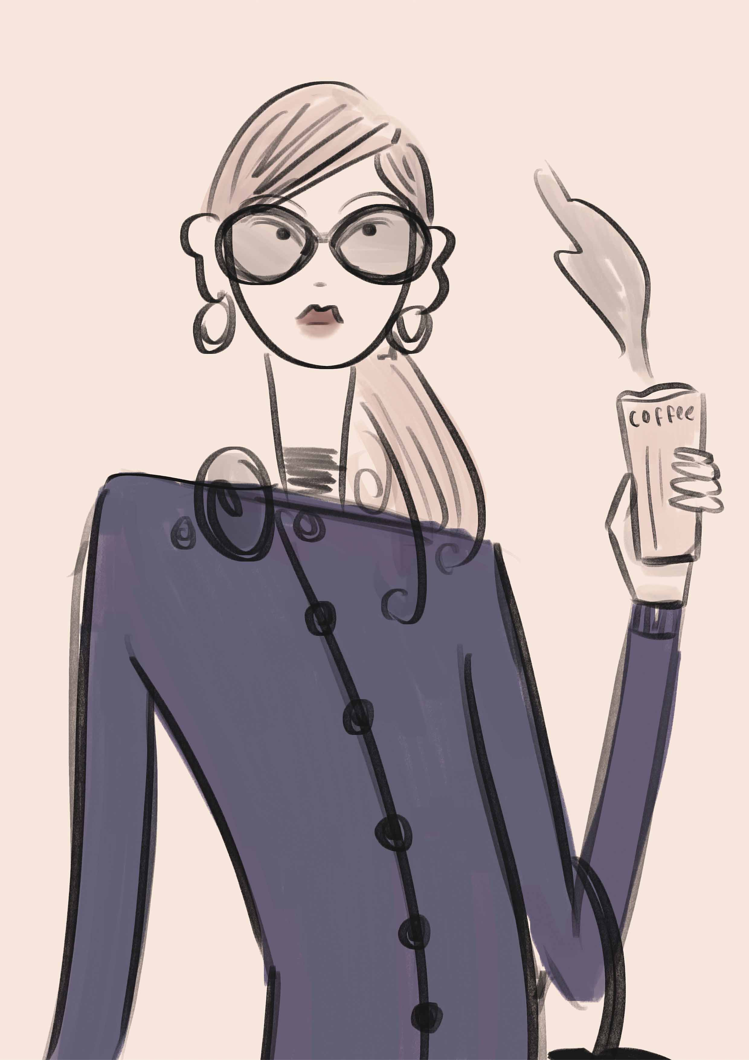 An simple line illustration of a girl with big sunglasses holding a coffee.