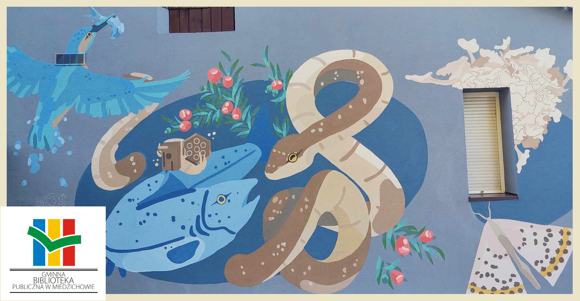 A photo of a mural painted onto a grey-blue wall. The design shows a kingfisher, a salmon, a light brown sname, a moth and a yellow fungus, with a yew bush in the background.