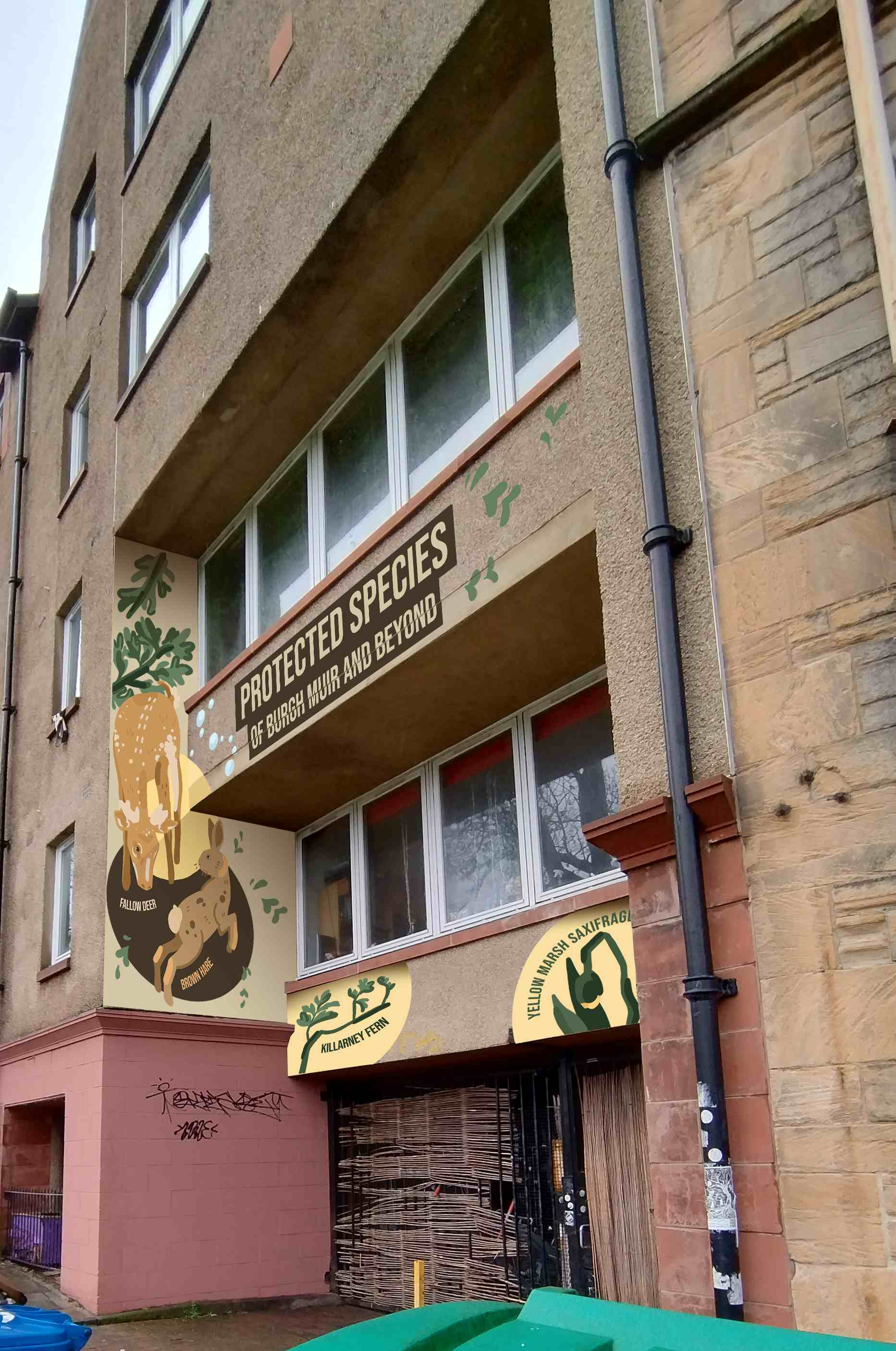 The left-hand side of the mural. It depicts a fallow deer and a hare.