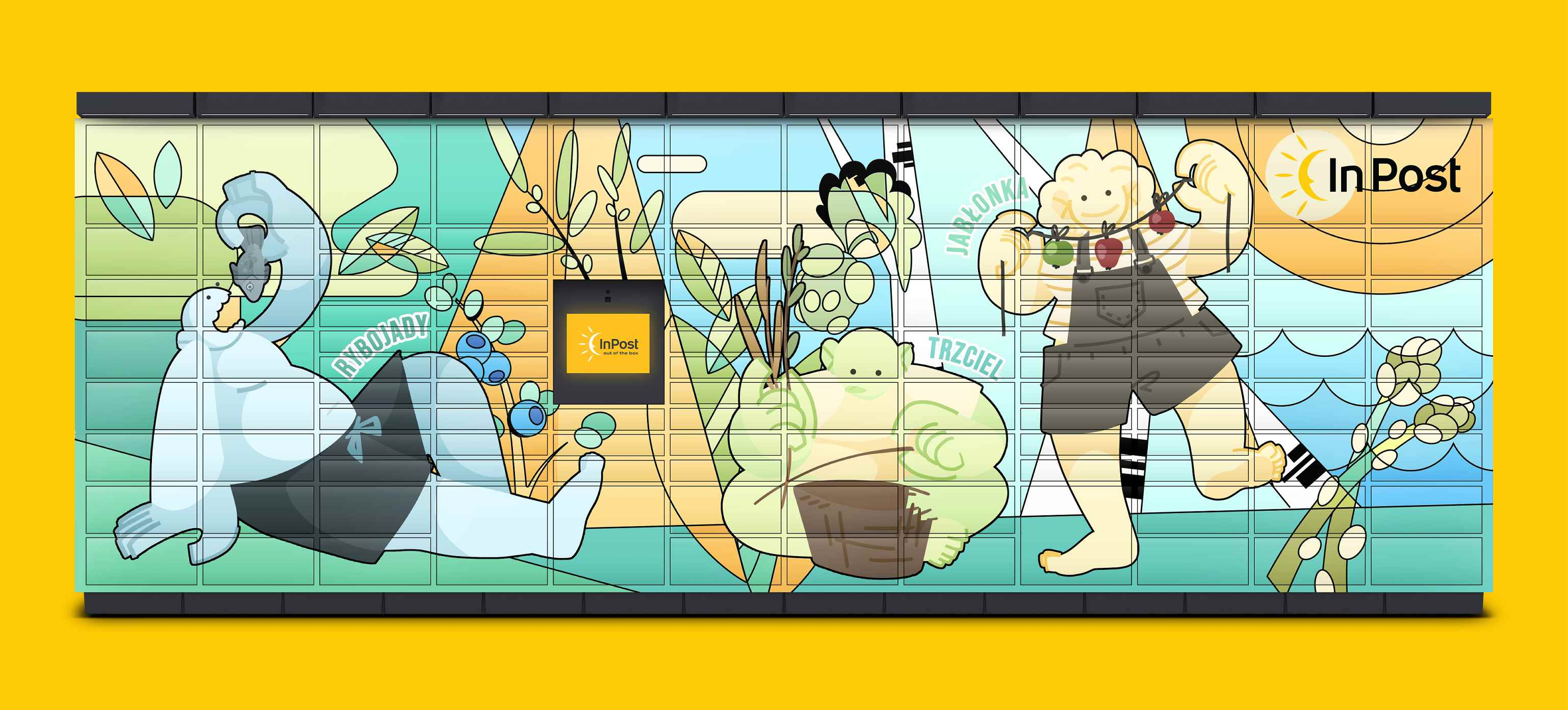 A parcel locker grid overlayed on top of an illustration of three characters. One of them is blue, shirtless, getting ready to eat a fish. The second is green, sitting on the ground weaving a basket. The third is smiling, standing up and holding a string with several apples tied onto it.