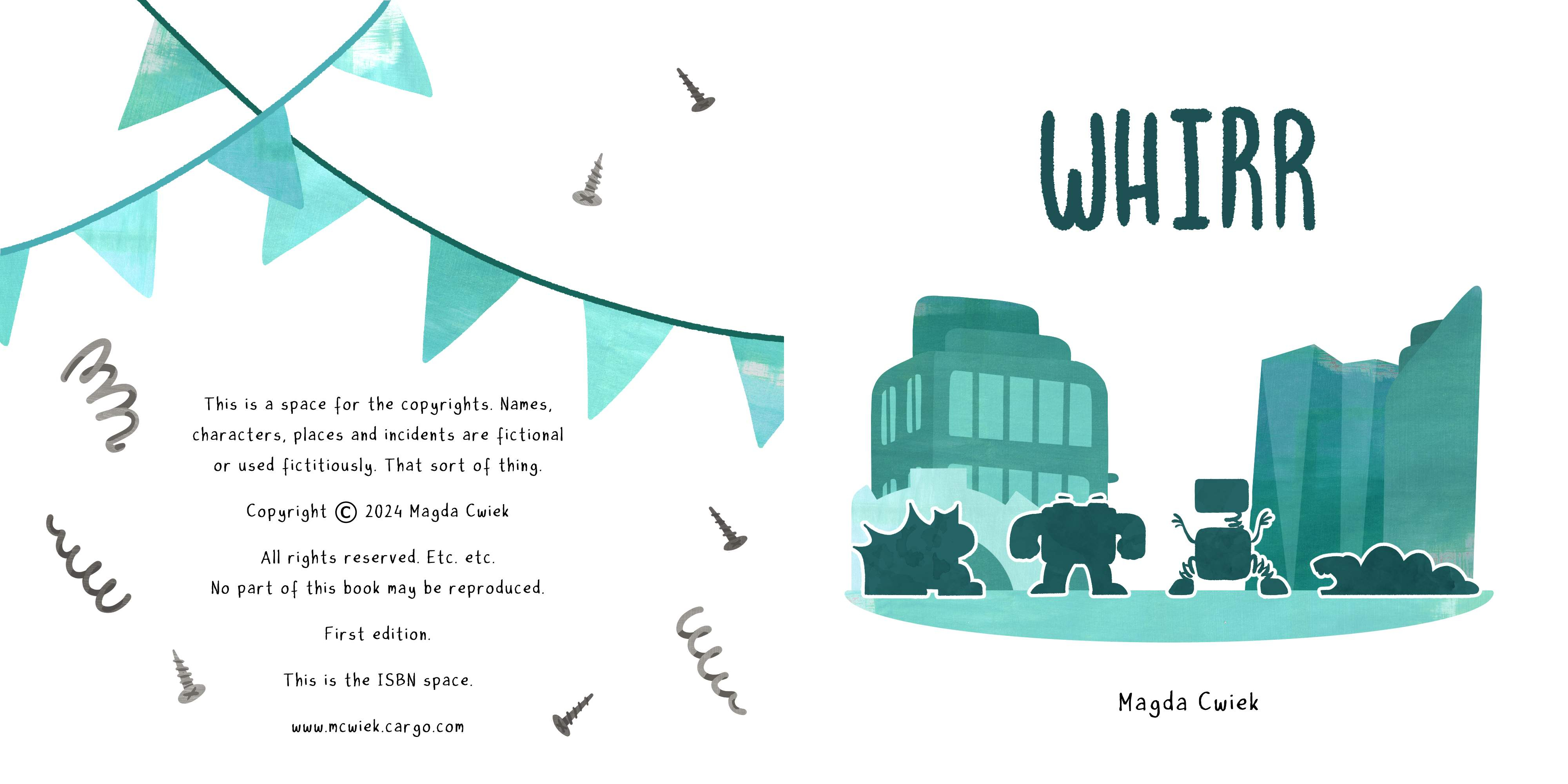 The copyright and title page spread of the book. The copyright page includes images of blue party bunding and a scattering of springs and screws. The title page shows a simplified cityscape and four characters' silhouettes in front of it.