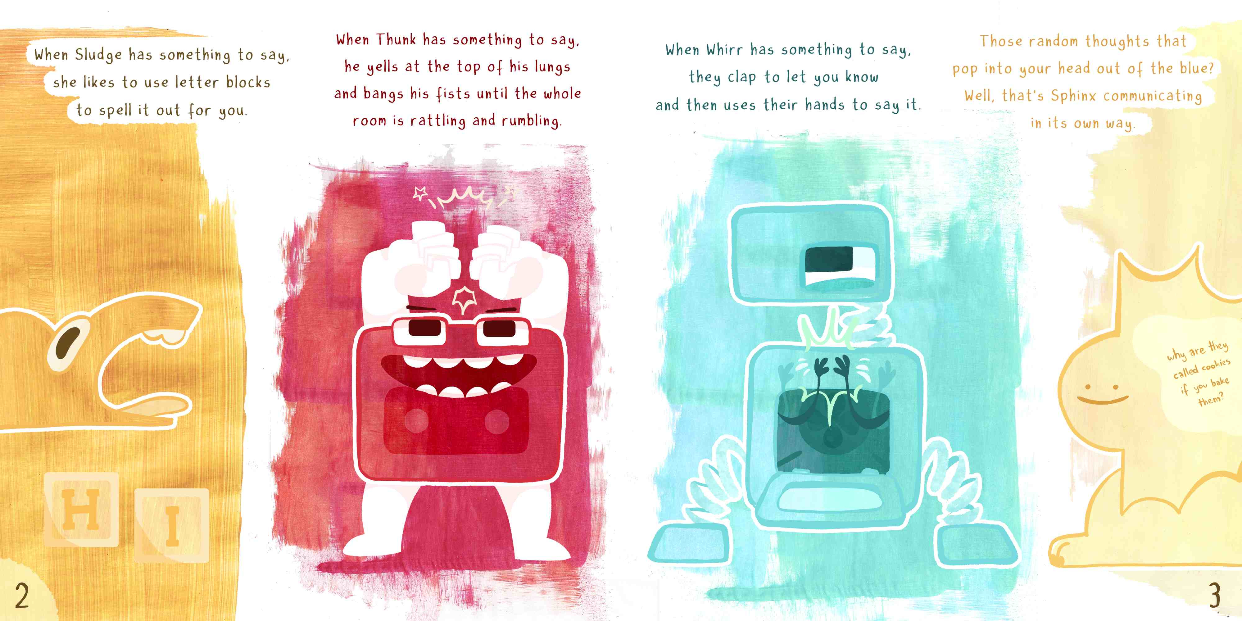 Pages 2-3 of the book, showing the book's characters. The text says: "When Sludge has something to say, she likes to use letter blocks to spell it our for you. When Thunk has something to say, he yells at the top of his lungs and bangs his fists until the whole room is rattling and rumbling. When Whirr has something to say, they clap their hands to let you know and then uses their hands to say it. Whose random thoughts that pop into your head out of the blue? Well, that's Sphinx communicating in its own way
