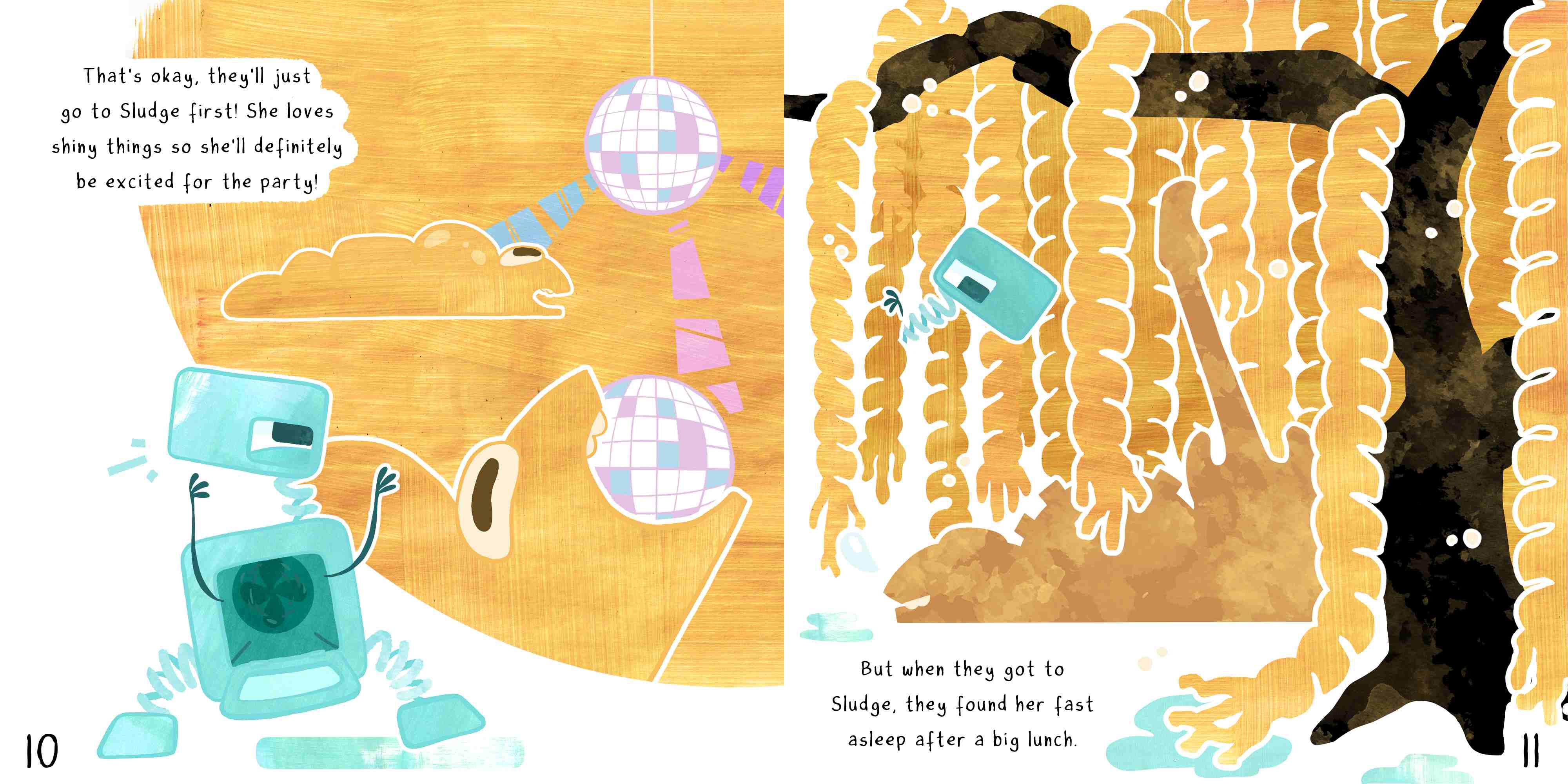 Pages 10-11 of the book. The texts says: "That's okqy, they'll just go to Sludge first! She loves shiny things so she'll definitely be excited for the party! But when they got to Sludge, they found her fast asleep after a big lunch."