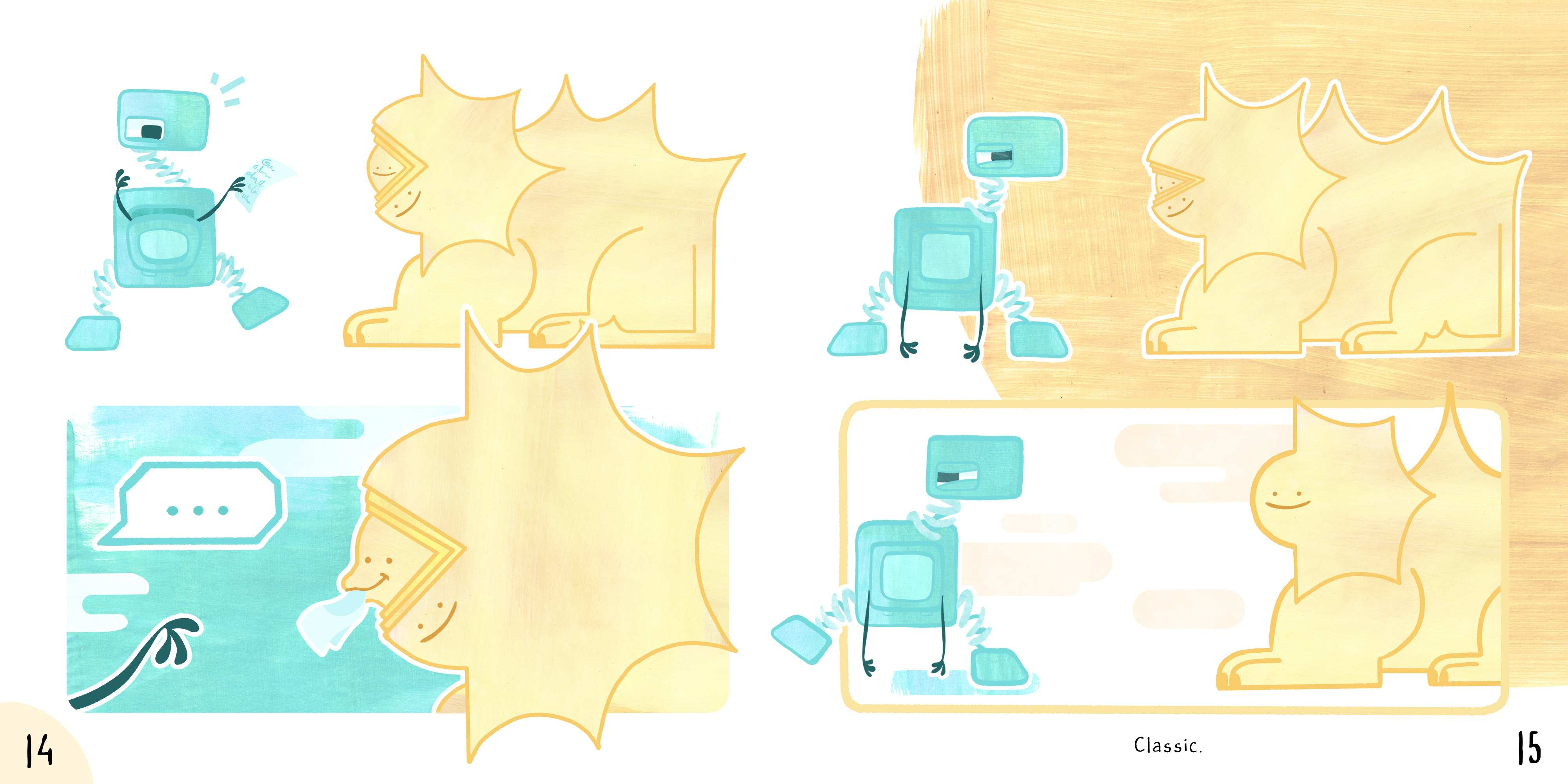 Pages 14-15 of the book. The spread shows 4 panels depicting the Whirr delivering a letter to Sphinx. Sphinx, to Whirr's visible surprise, eats the letter. Annoyed, Whirr leaves the frame. Text at the bottom of the second page states: "Classic".