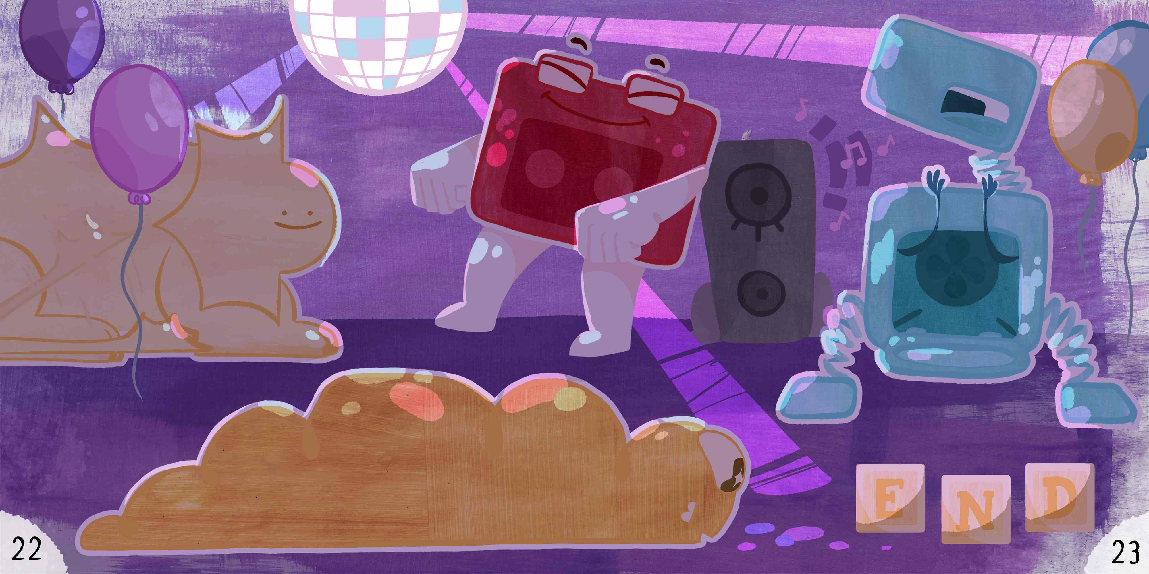 Pages 23-24 of the book. The spread shows all of the characters dancing and having fun at a party. Letter blocks in the bottom right corner of the second page spell out "END".