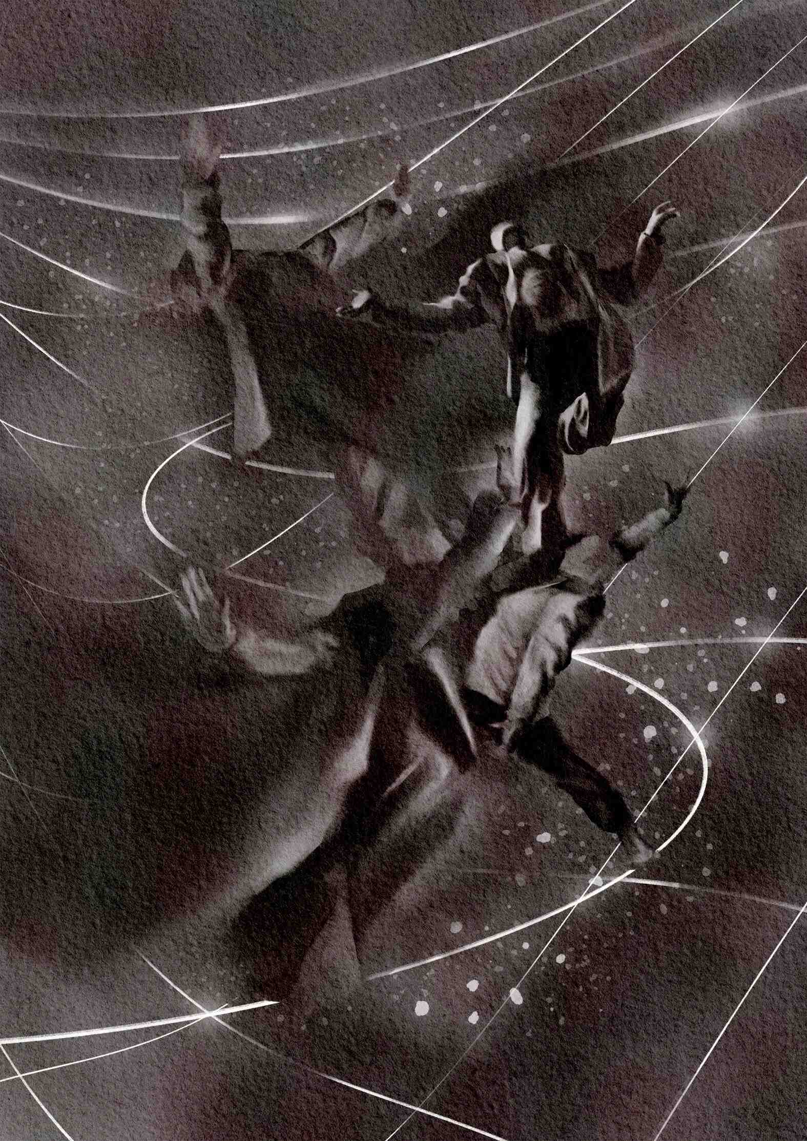 Illustration titled Free Fall. It depicts four inconspicuous tumbling and falling through a warped, grid like space. From the series "If I Put Myself on the Line", based on the short story I wrote with the same title. 